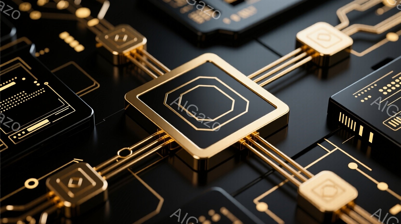 漆黒の背景に、金色の回路が複雑に組み合わさった様子が描かれています。正方形や長方形のパーツが接続され、まるで未来的な電子基板のような印象を与えます。光沢のある金色のラインが、精密で洗練された雰囲気を醸し出しています。