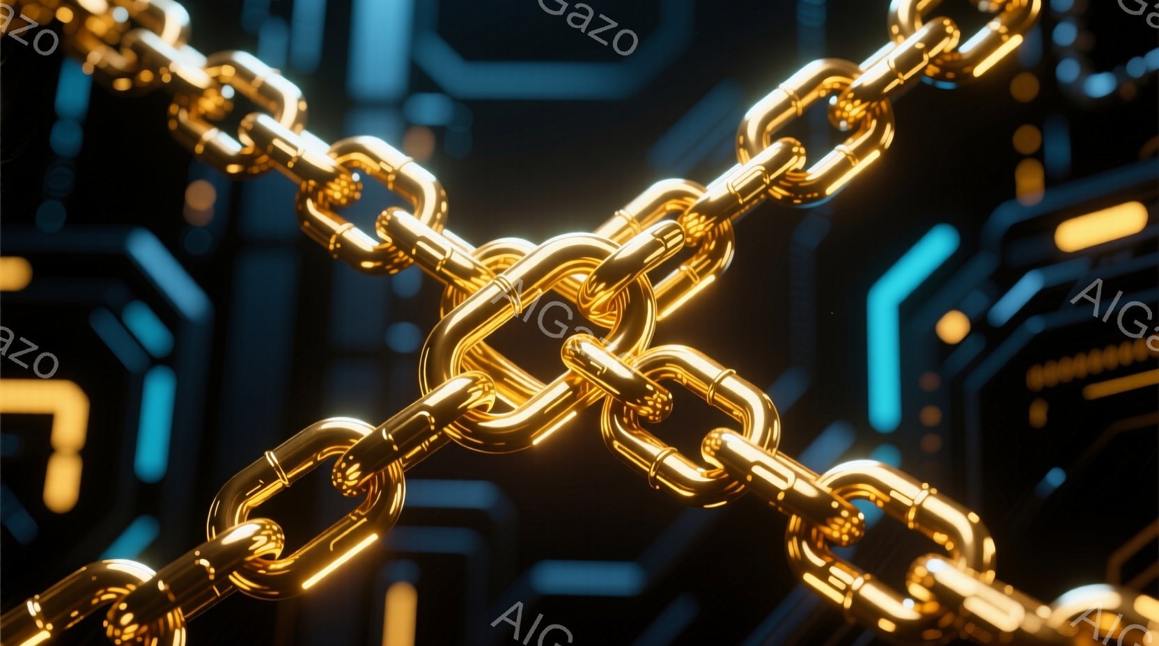 鮮やかな金色で輝くチェーンが、黒い背景に浮かび上がっています。背景には、青く光る未来的な幾何学模様が複雑に配置され、まるでサイバー空間の一部を切り取ったような印象を与えます。チェーンの光沢と背景のコン - AI生成フリー素材