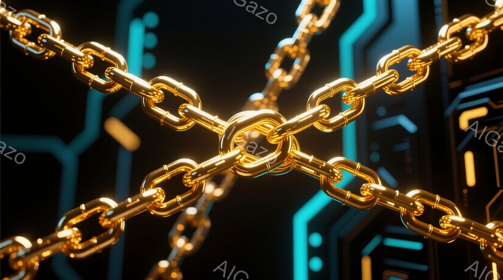 鮮やかな金色のチェーンが複雑に絡み合い、画面中央を占めている。背景は暗く、ターコイズブルーの幾何学的な模様が未来的な雰囲気を醸し出している。 全体的に、高輝度で洗練された印象を与える、テクノロジーと装飾が融合したイメージである。