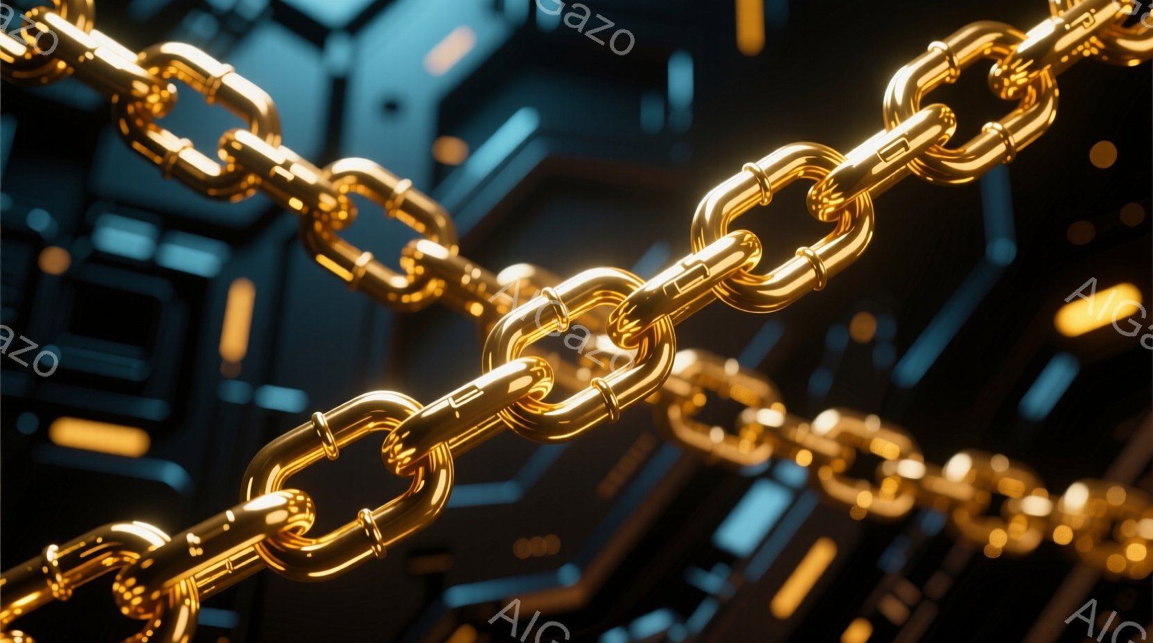 金色の鎖が、暗い背景の幾何学的な構造の中でクローズアップで捉えられています。鎖は光沢があり、ハイライトが反射して金属的な質感を強調しています。背景は青と黒の陰影で構成され、未来的な、産業的な雰囲気を醸し出しています。