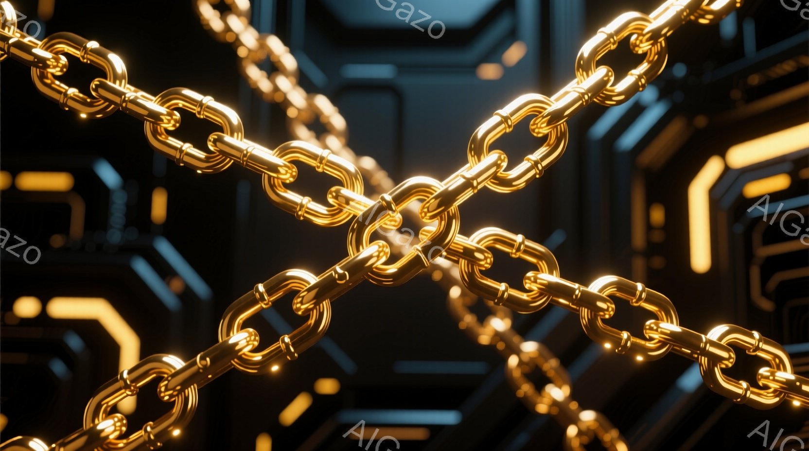 鮮やかな金色のチェーンが複雑に絡み合い、暗い背景に浮かび上がっている。背景は未来的な機械的なデザインで、青とオレンジの光が走る幾何学的なパターンが組み込まれている。全体的に、硬質で金属的な、そしてどこか神秘的な雰囲気が漂っている。