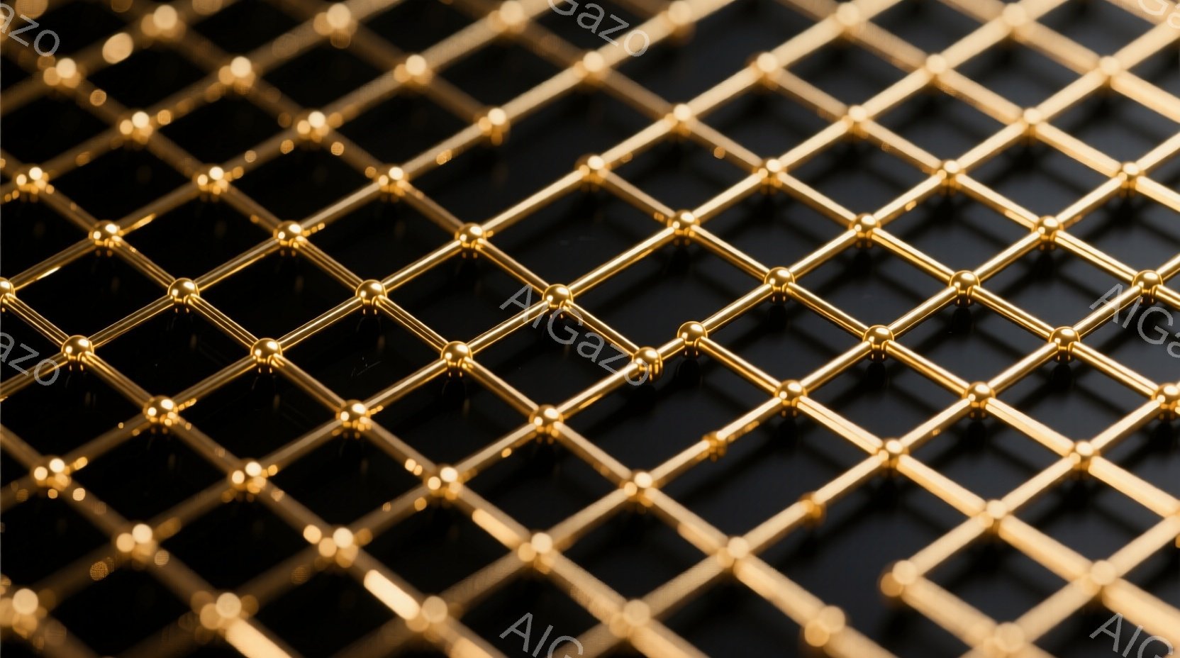 漆黒の背景に、金色の棒で構成された網目状の構造が広がっている。各棒の接点が丸く、立体感のある光沢を放ち、まるで分子構造やネットワークを連想させる。全体的に落ち着いた雰囲気でありながら、金色の輝きが視線を引きつける、抽象的なイメージ。