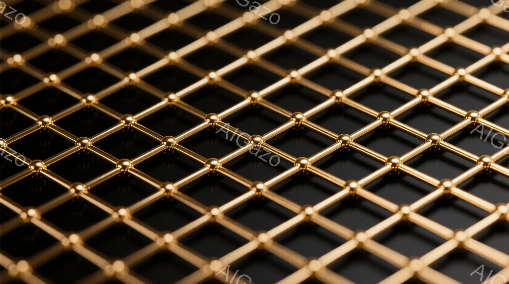 鮮やかな黒い背景に、金色の金属製の格子状の模様が広がっている。金属棒が交差する箇所は球状に膨らんでおり、光沢があり高級感を醸し出している。全体として、幾何学的なパターンと素材の質感によって、洗練された雰囲気を作り出している。