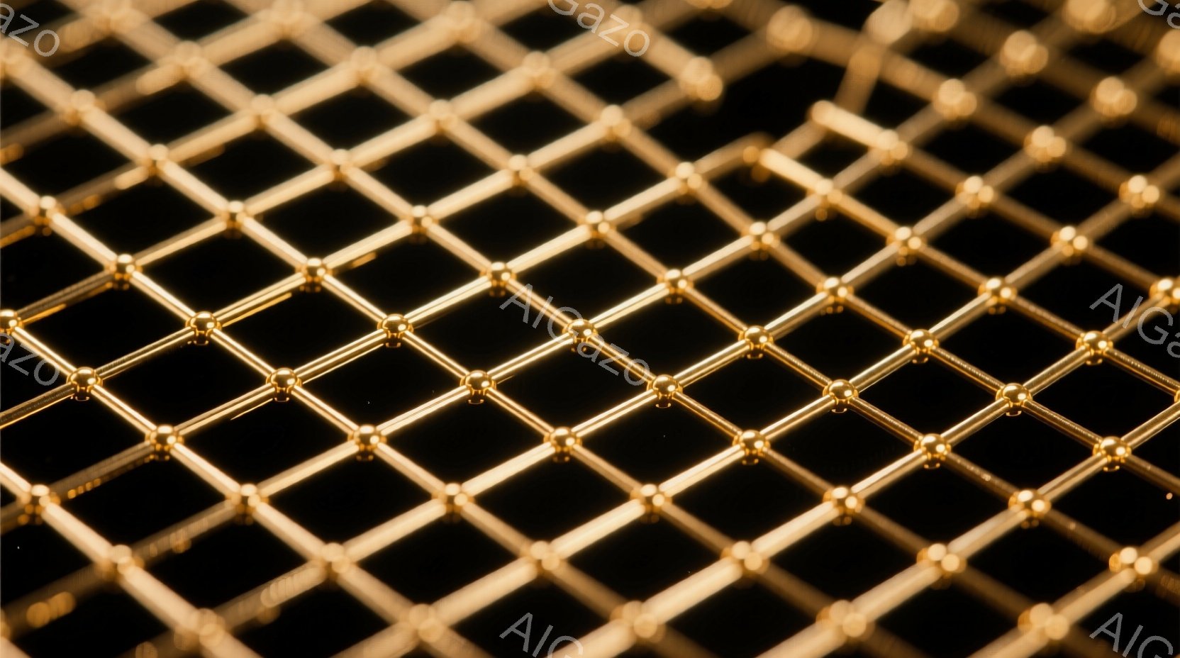 漆黒の背景に、金色の金属製の格子状の構造体が写っている。各交点には、光沢のある球状の装飾が施され、全体的に高級感と幾何学的な美しさを感じさせる。光の反射により、金属の質感が強調され、奥行きのある印象を与えている。