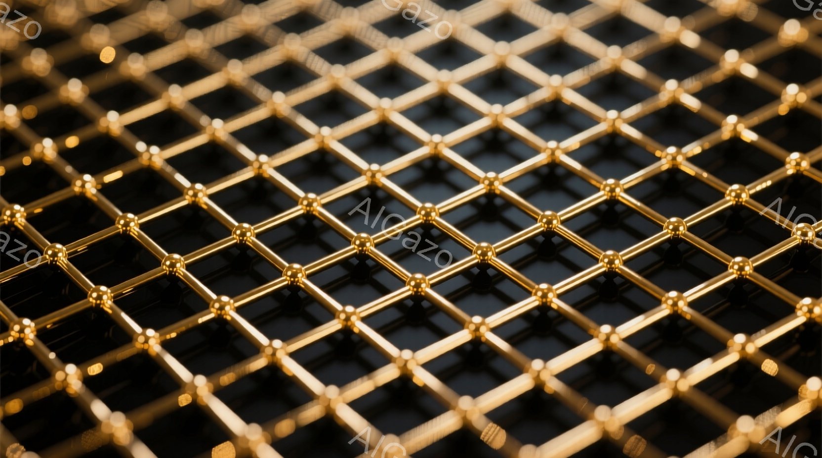 この画像は、金色の球体が黒い線で接続された、まるで網目状の構造をクローズアップしたものです。球体は光を反射し、立体感と輝きを強調しています。背景は暗く、構造そのものが際立っており、科学的または抽象的な雰囲気を醸し出しています。