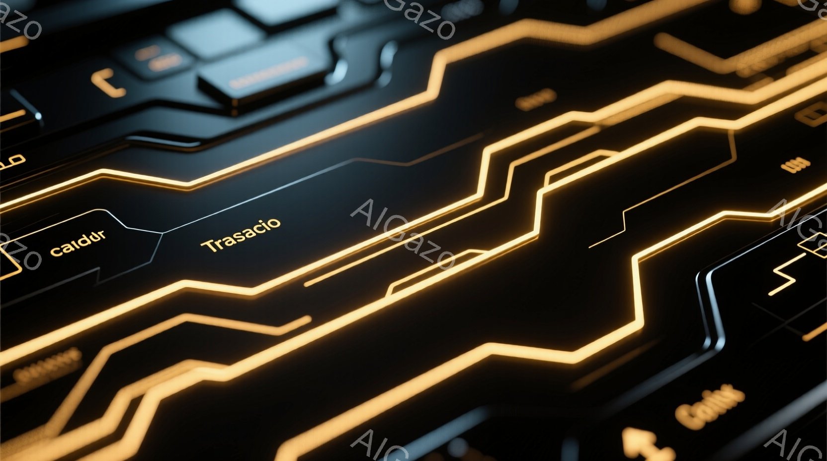 画像は、黒い背景に沿って明るい黄色の線が複雑に絡み合った回路基板のようなテクスチャを捉えています。線は未来的で技術的な印象を与え、発光しているかのように見えます。このパターンは、電子機器やサイバー空間を連想させ、近未来的な雰囲気を作り出しています。