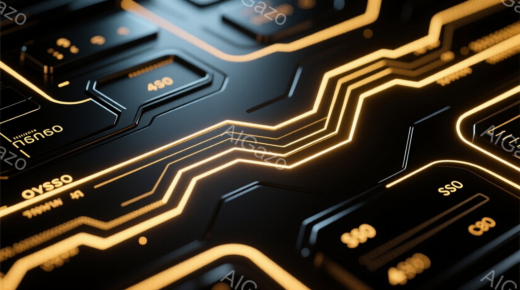 この画像は、複雑な回路基板のクローズアップであり、光沢のある黒い表面に金色の線が走っています。回路は抽象的な形状で構成され、各セクションには「C90」、「SS0」、「OYSSO」などのアルファベットと - AI生成フリー素材