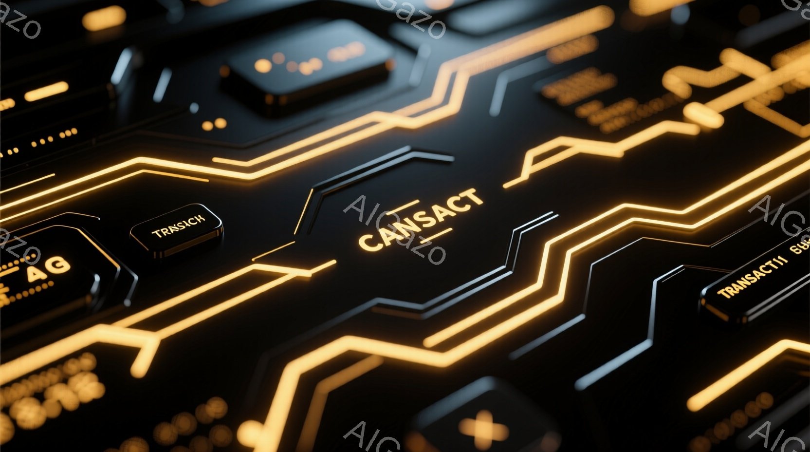 この画像は、黒い背景に沿って流れる金色の回路図のようなパターンを描写しており、高技術やデジタル接続を連想させます。回路は光沢があり、未来的な印象を与え、細部にわたって精密に設計されています。全体的に、 - AI生成フリー素材