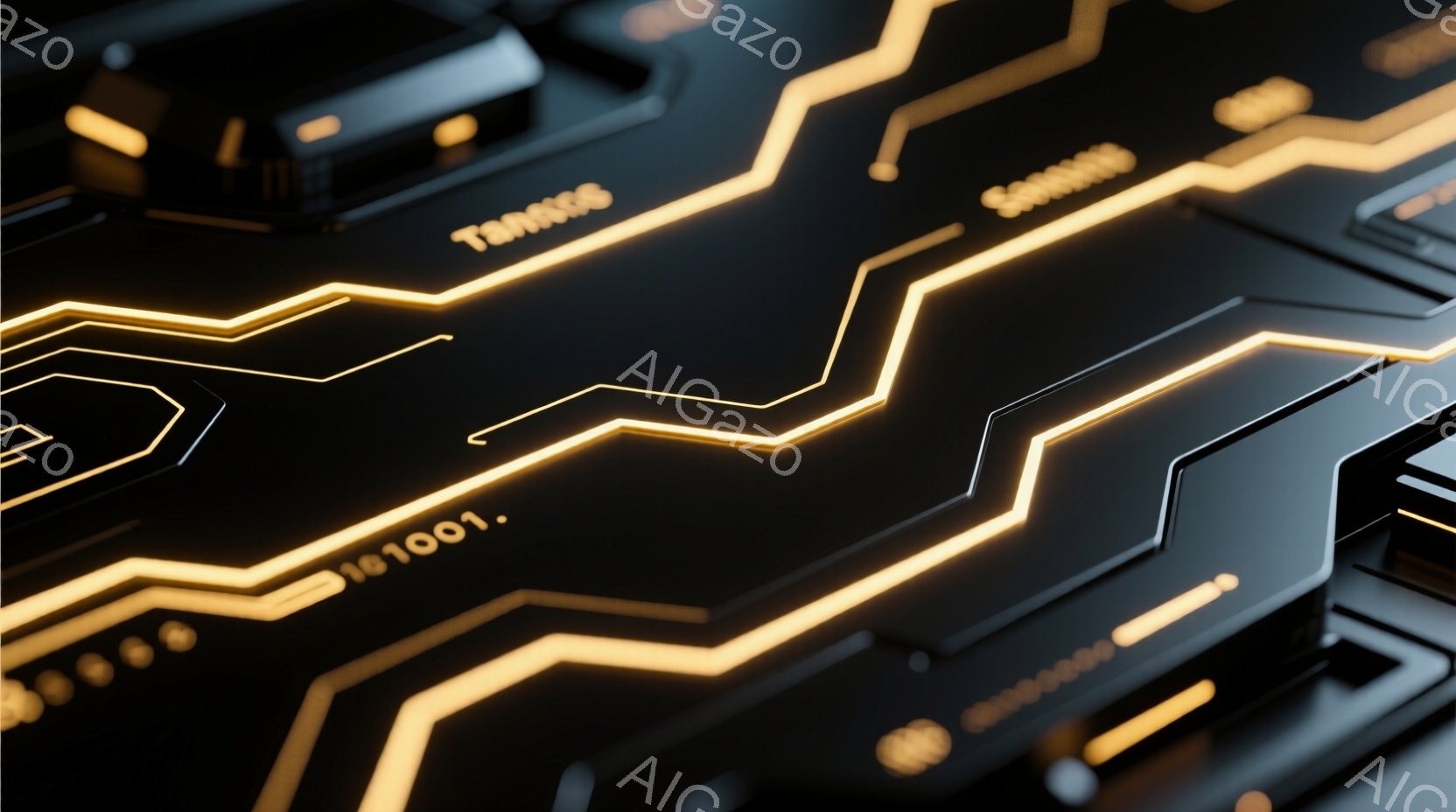 漆黒の背景に、鮮やかな黄色の光る線が複雑に絡み合い、未来的な回路基板のようなテクスチャを形成している。線の太さや形状が多様で、光が反射し、立体感と奥行きを生み出している。全体的に洗練された、テクノロジー感あふれる雰囲気を醸し出している。