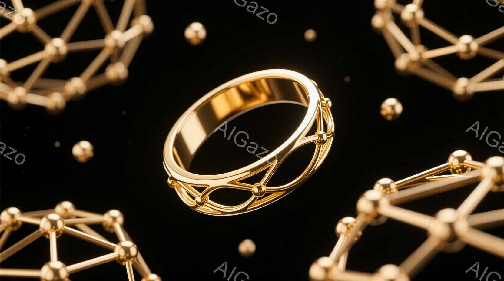 鮮やかな黒い背景に、金色の幾何学的な構造物が浮かび、その中央に金色のリングが配置されている。リングは複雑なデザインで、小さな球状の金が繋がって構成されており、光沢があり洗練された印象を与える。全体的に、モダンでミニマルな雰囲気であり、ジュエリーや装飾品の広告に使用される可能性のあるイメージである。