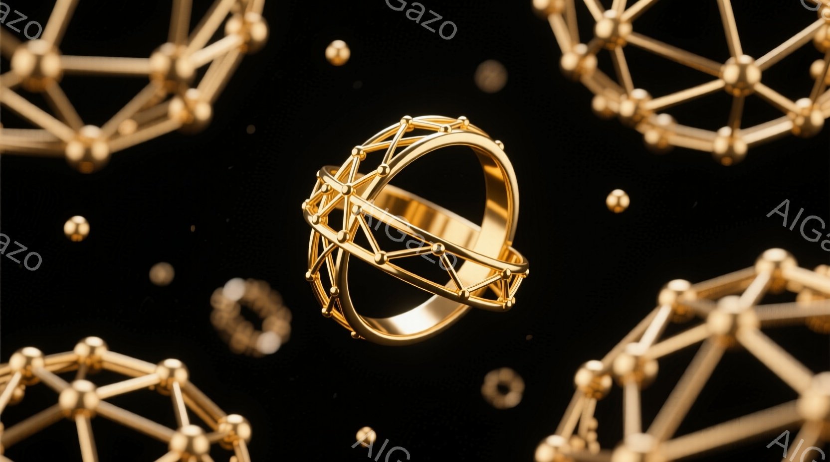 金色の幾何学的な構造物が、暗い背景に浮かび上がっている。中心には、球体の一部を連想させるリング状の構造があり、周囲には同様の構造物が散らばっている。全体的に、精密さと未来的な雰囲気が漂う、洗練されたイメージである。