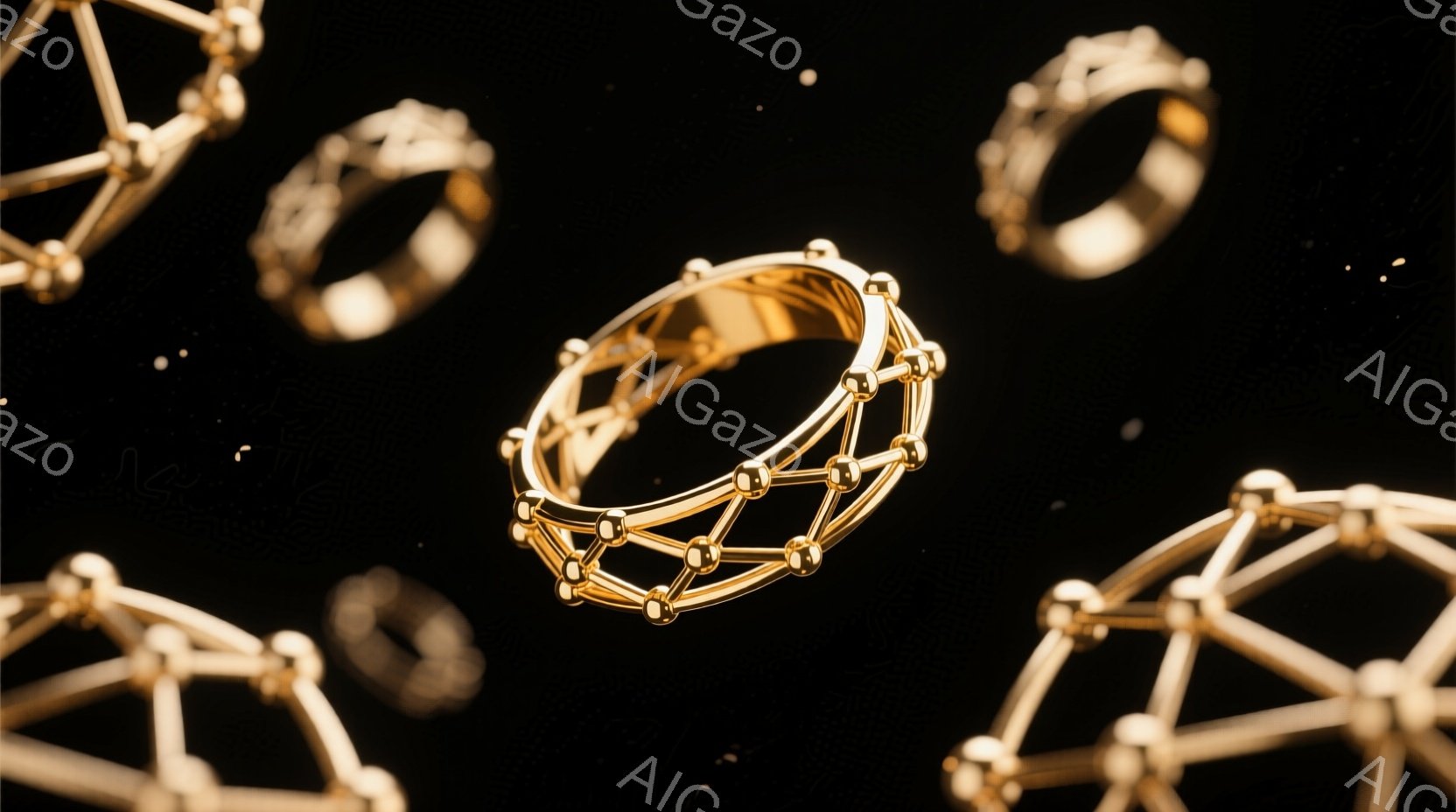 漆黒の背景に、金色の幾何学的な構造体が空中を漂っている。球体と線分が連結した構造は、まるで分子モデルやジュエリーのようであり、光の反射が美しく、高級感を漂わせている。全体的に未来的で洗練された、ミニマルな雰囲気が印象的だ。