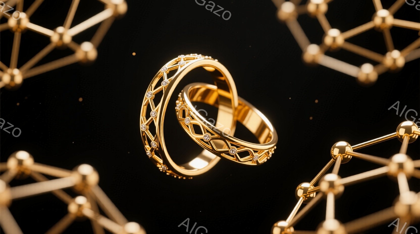 鮮やかな黒背景に、2つの金色の指輪が空中に浮かんでおり、互いに絡み合うように配置されている。指輪は複雑な模様が施され、ダイヤモンドが散りばめられており、高級感と優雅さを漂わせている。周囲には、金色の線で構成された抽象的な構造物が配置され、全体的に洗練された雰囲気を作り出している。