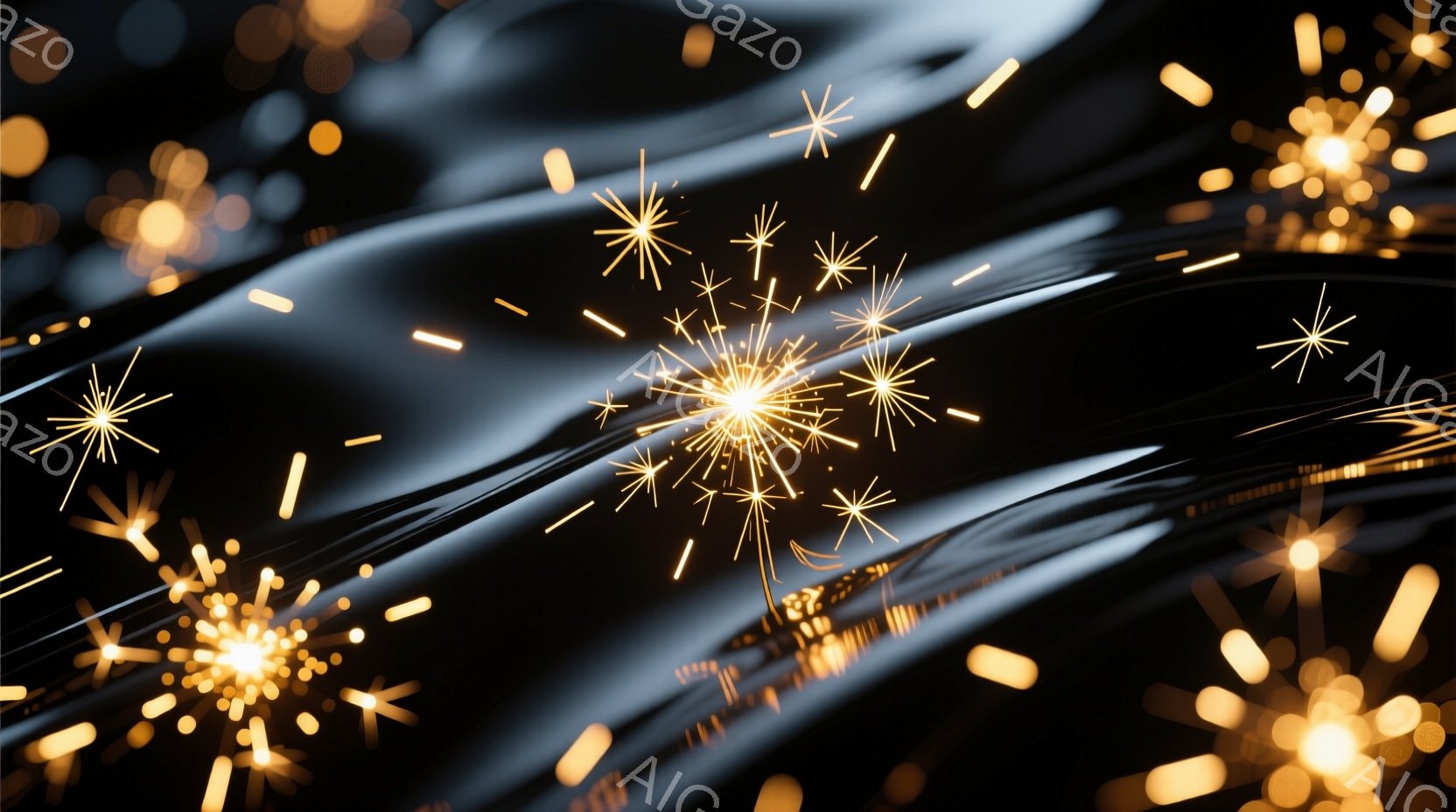 漆黒の背景に、無数の金色の光粒子と、細長い光の筋が舞い散っている様子が描かれている。光の粒子は花火のように輝き、躍動感を表現している。全体的に神秘的で幻想的な雰囲気が漂い、夜空に咲き散る星々を連想させる。