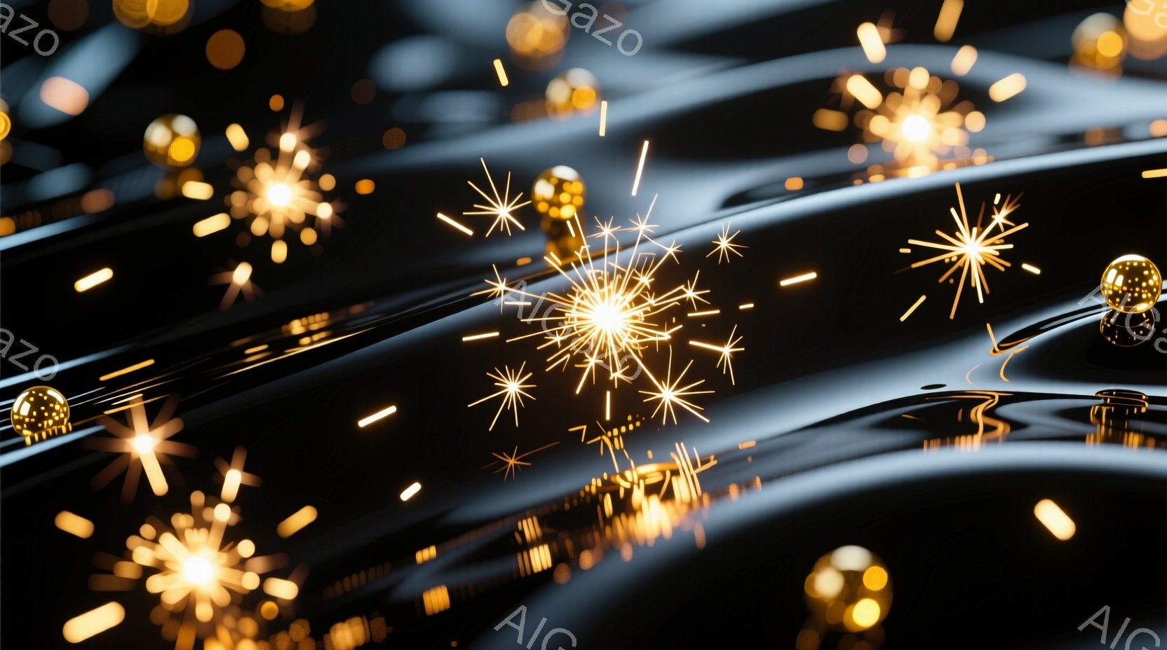 暗い背景に、金色の光の粒子と星型に広がる光の筋が舞い散っている様子が描かれている。光の筋は、まるで花火や光のシャワーのように、躍動感と幻想的な雰囲気を醸し出している。背景は完全に黒く、光の粒子と光の筋が際立ち、神秘的な空間を表現している。