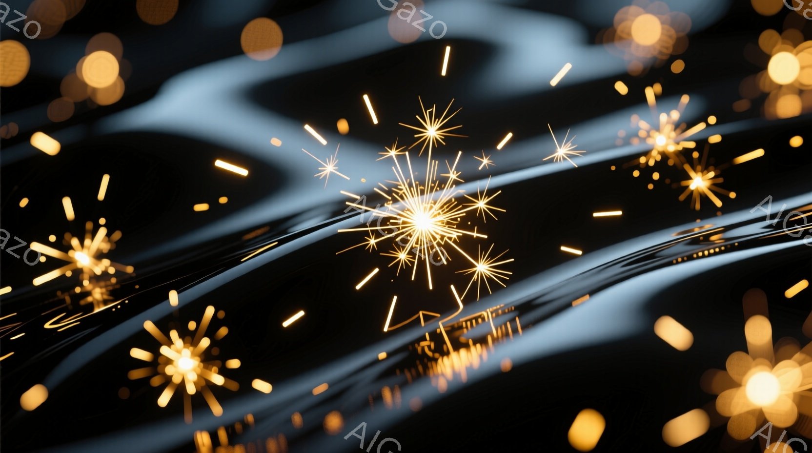 漆黒の背景に、金色の輝く光の筋と、星のように煌めく光の粒子が散りばめられています。光の筋はまるで流れ星のように、そして光の粒子はまるで夜空の星々のように、暗闇の中で鮮やかに輝きを放っています。全体として、幻想的で神秘的な雰囲気を醸し出しています。