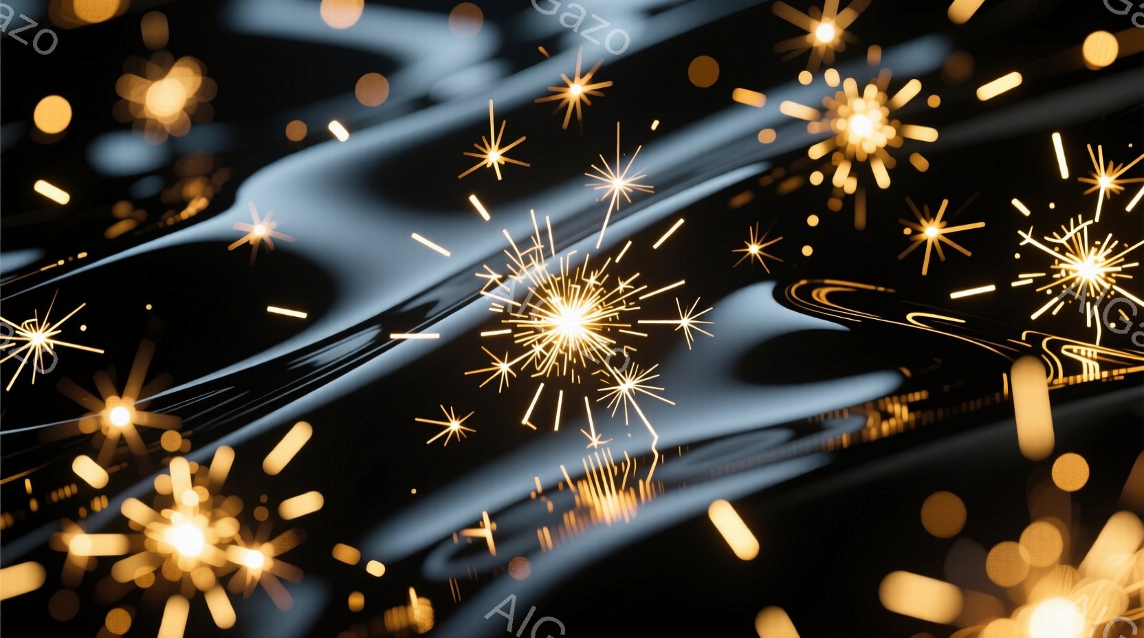 漆黒の背景に、無数の金色の光の粒子が舞い散り、まるで夜空に咲く花火のようです。光の軌跡は流れるように描かれ、幻想的で美しい雰囲気を醸し出しています。背景はぼやけており、光の粒子がより一層際立って見えま - AI生成フリー素材