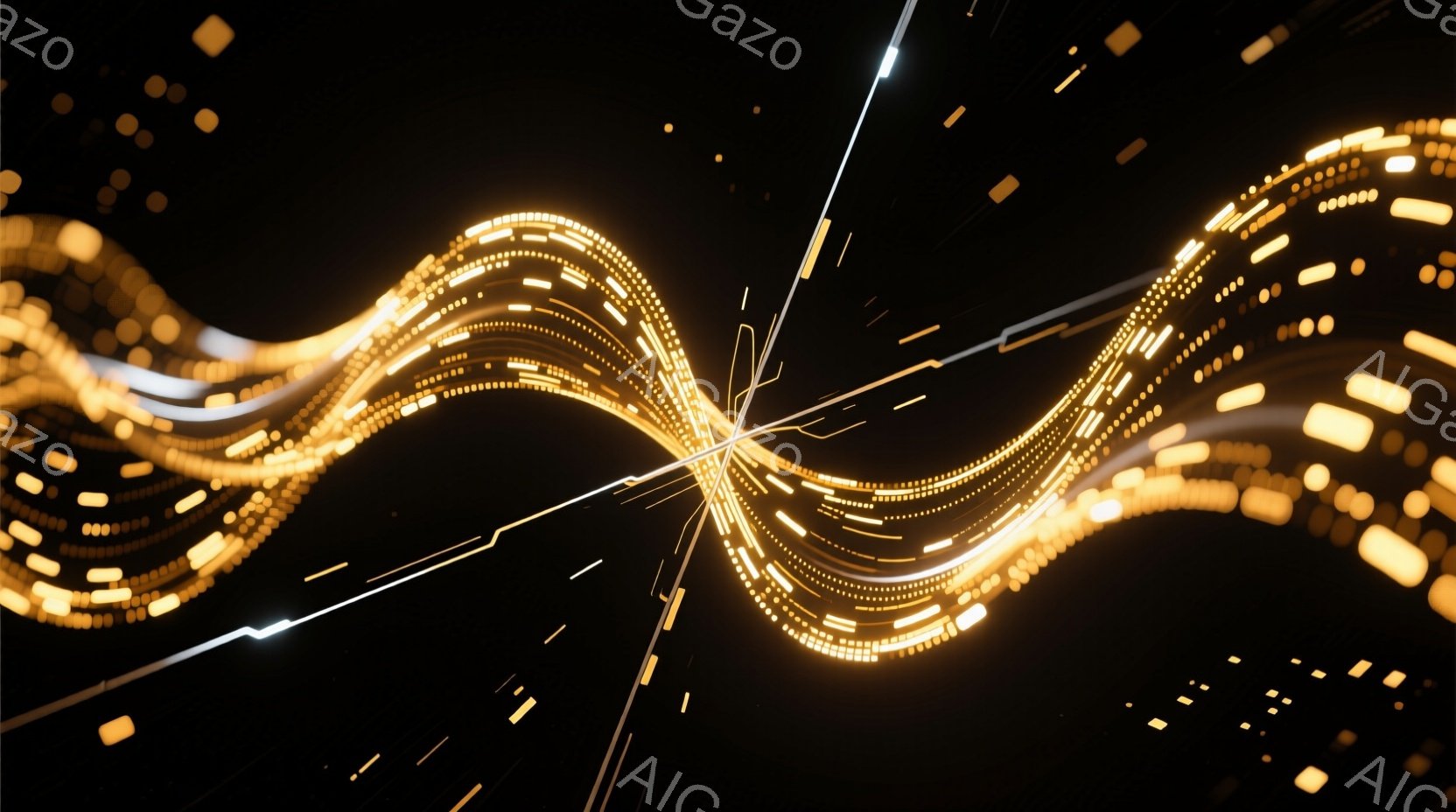 画像は暗黒の背景に、光る粒子が波のように流れる抽象的な表現である。粒子は鮮やかなオレンジ色で、細い白い線が幾何学的に交差しており、未来的なエネルギーの流れやデジタル空間を連想させる。全体として、躍動感と神秘的な雰囲気が漂う、洗練されたイメージである。