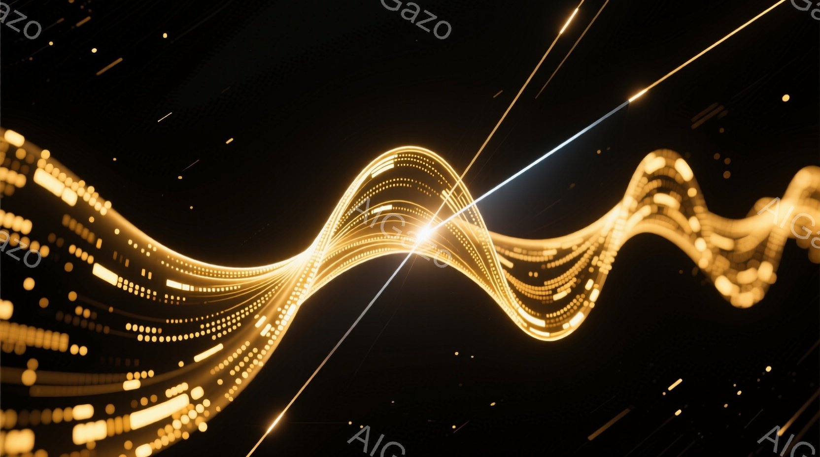 漆黒の背景に、金色の光の粒子が曲線を描きながら流れる様子が描かれている。光の線はまるでエネルギーの流れのように、明るく輝きながら画面を横切っている。全体的に未来的な雰囲気で、抽象的な美しさを感じさせる。