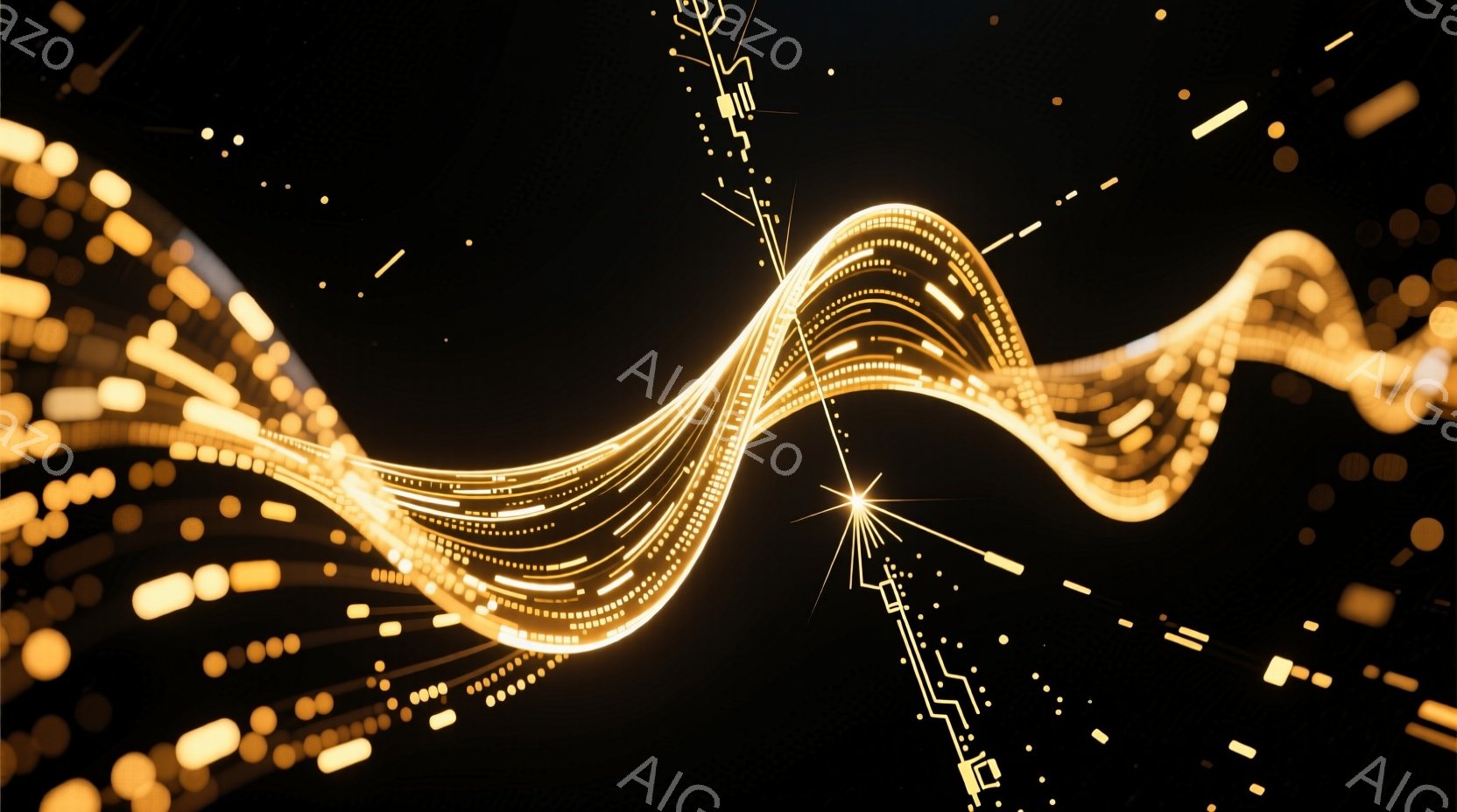 鮮やかな金色の光の線が、暗闇の背景を駆け巡る抽象的なイメージです。光の線は、まるでエネルギーの流れのように、有機的な曲線を描き、様々な長さの短い光の粒が周囲に散らばっています。全体的に近未来的でダイナミックな雰囲気が漂い、テクノロジーやスピード感を想起させます。