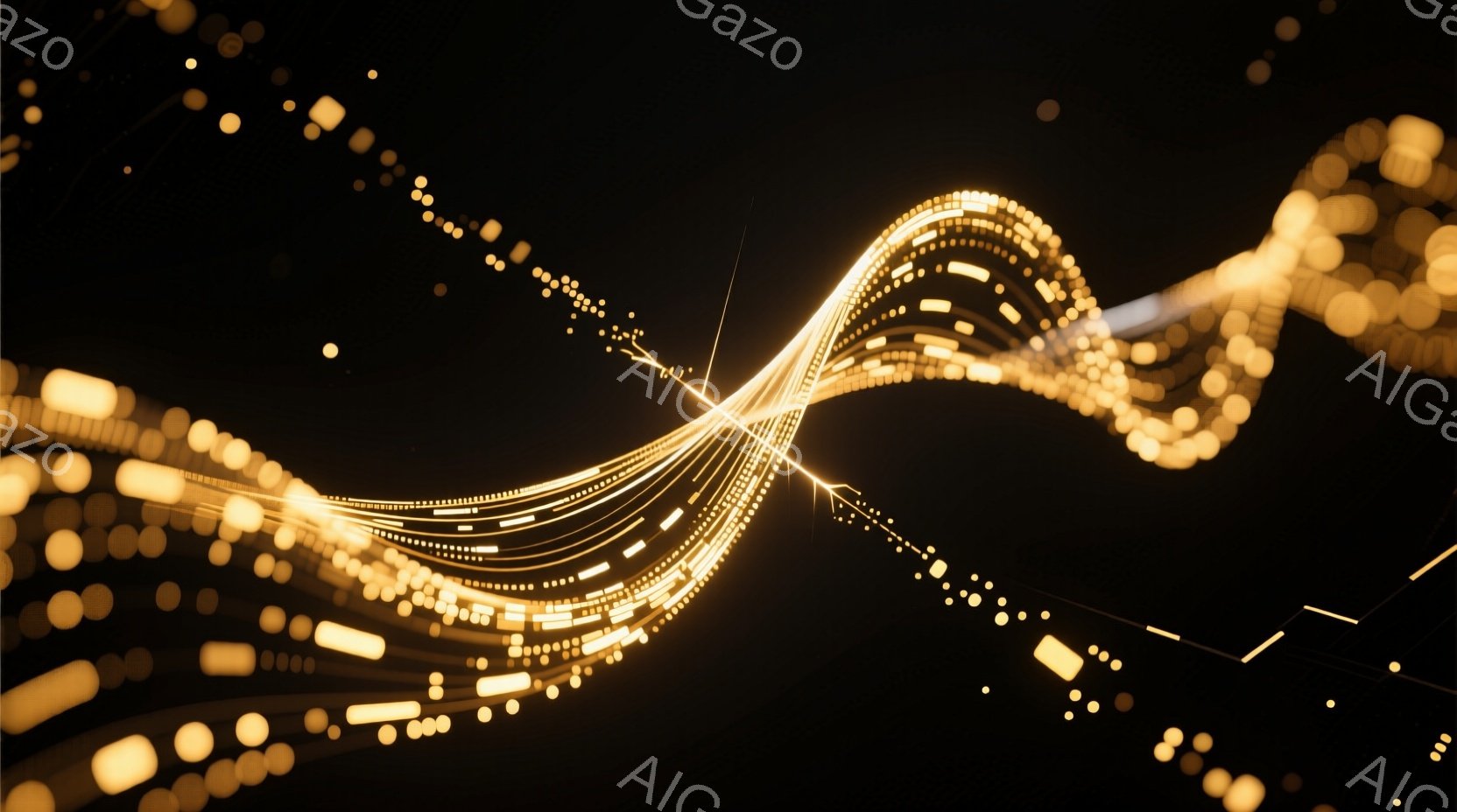 漆黒の背景に、金色の光の線が流れるように描かれています。光の線は、点や短い線分の集合体として表現され、まるでエネルギーの流れやデータの軌跡を視覚化したかのようです。全体的に未来的な印象を与え、躍動感と神秘的な雰囲気を醸し出しています。