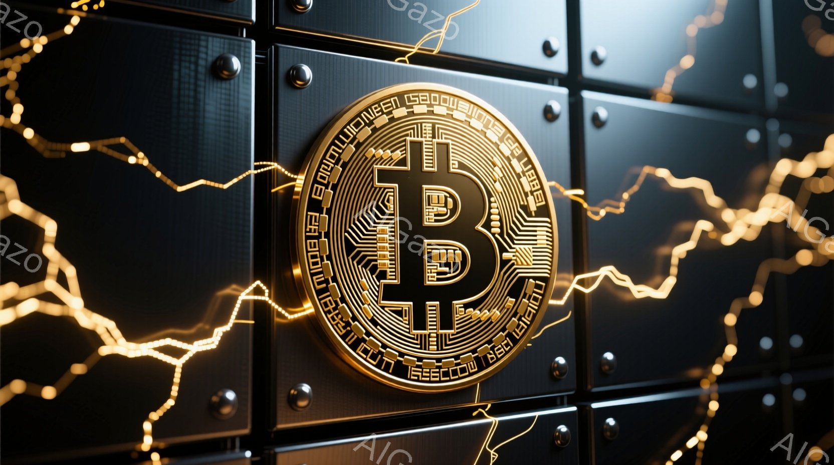 鮮やかな黄金色のビットコインマークが、暗い金属製の壁に大胆に表示されています。背景には、まるで株価チャートのような光る線が絡みつき、ダイナミックでエネルギーに満ちた印象を与えます。全体的に、暗号通貨の力強さと未来的な雰囲気を感じさせるイメージです。