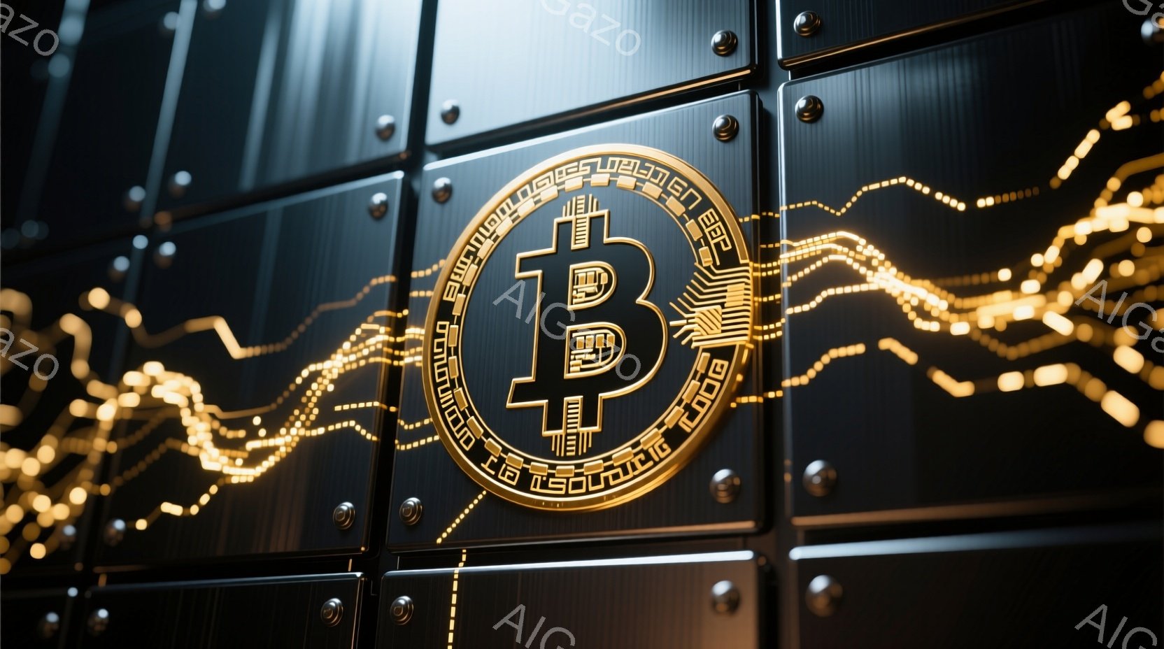 鉄製のパネルを背景に、金色のビットコインのロゴが中央に配置されています。背景には、明るい黄色の線が描かれたチャートのような模様が散りばめられ、金融市場やデジタル通貨の変動を示唆しています。全体的に、堅牢さとテクノロジー、そして投資のイメージが組み合わさった、モダンで未来的な雰囲気が漂っています。