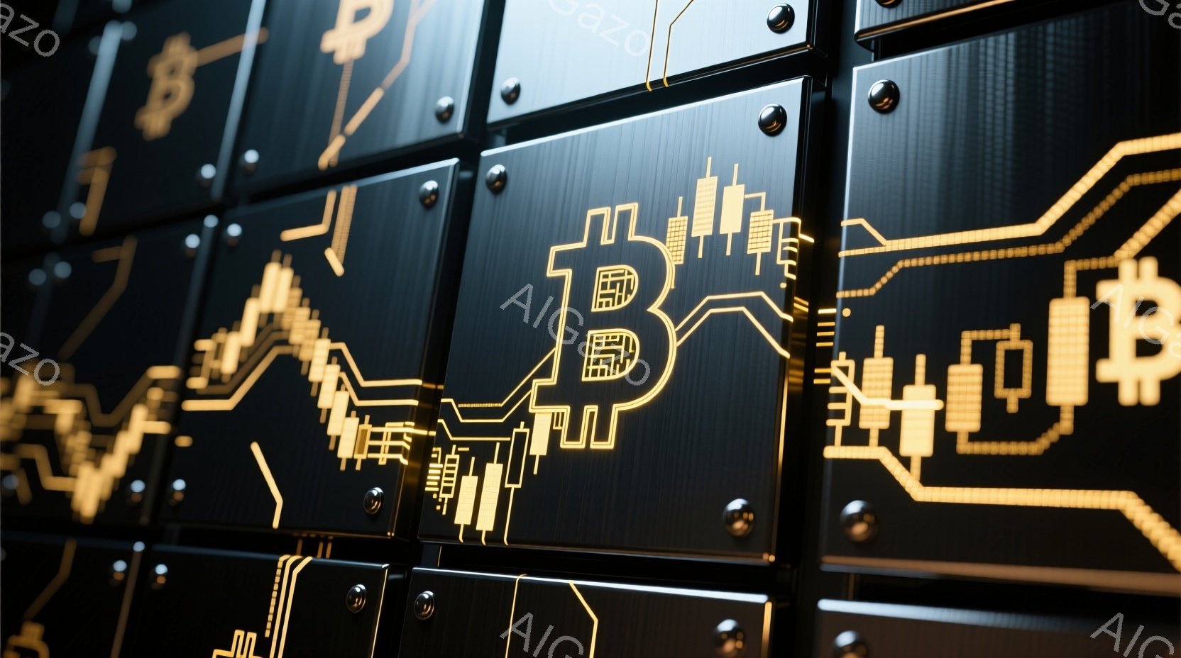 画像は暗い背景に、金色のビットコインのロゴとチャートが配置された金属製のパネルが並んだ様子を捉えています。パネルはネジで固定されており、未来的な印象を与えます。ビットコインのロゴとチャートが、暗闇の中で鮮やかに光り、仮想通貨に関連するテクノロジーと金融の世界を象徴しているようです。