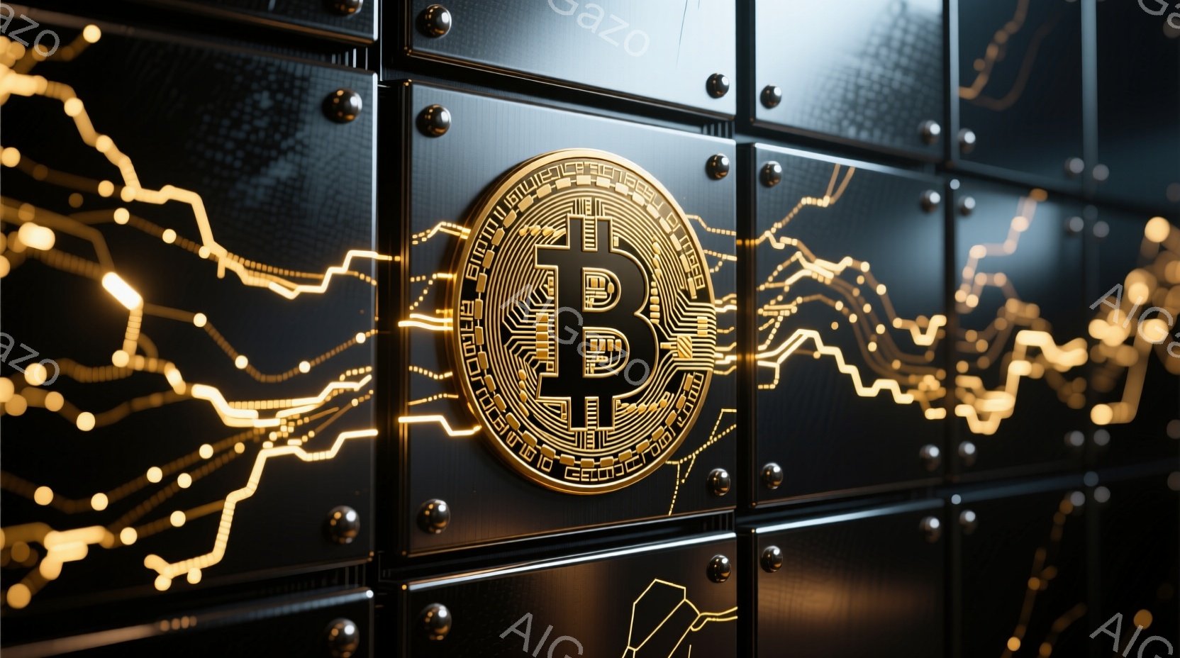 暗い背景に、ビットコインのロゴが金色の金属製の壁に刻印されています。壁全体には、光る線状のチャートが複雑に描かれており、金融市場の変動やデジタル通貨の取引を連想させます。全体的に、デジタル金融とテクノロジーの未来を象徴するような、洗練された雰囲気です。