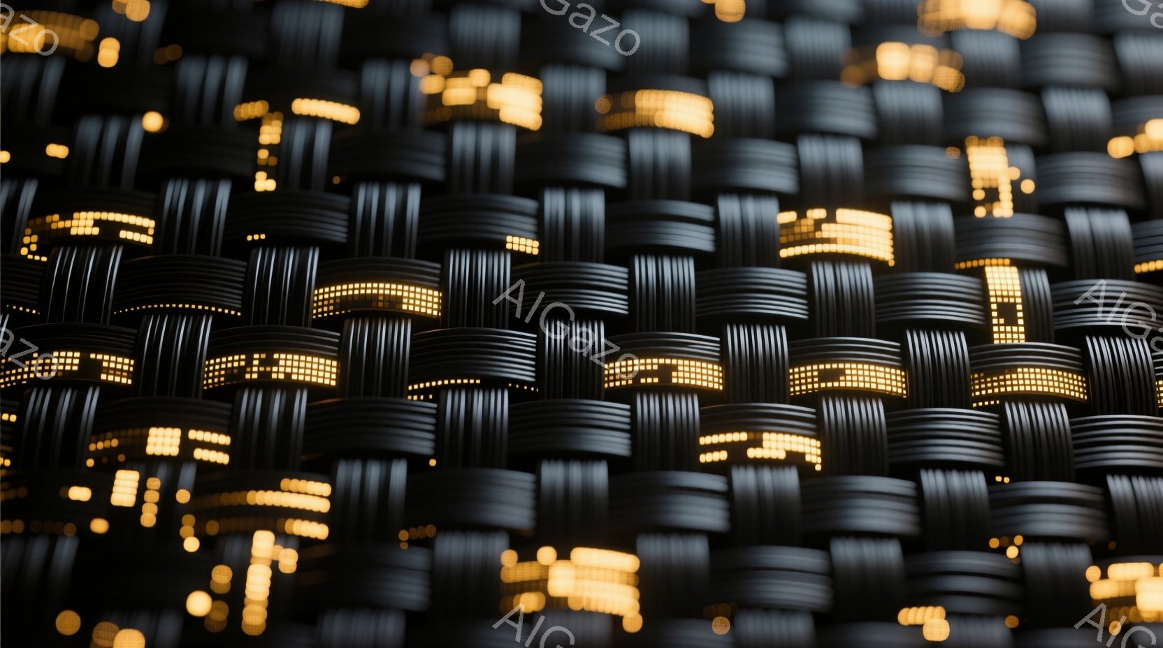 この画像は、夜の都市の光景を捉えた抽象的な表現に見えます。無数の光の帯が規則的に並び、まるで高層ビルの窓が連なっているかのような印象を与えます。暗闇の中に輝く光は、都市の活気とエネルギーを感じさせ、洗練された雰囲気を醸し出しています。