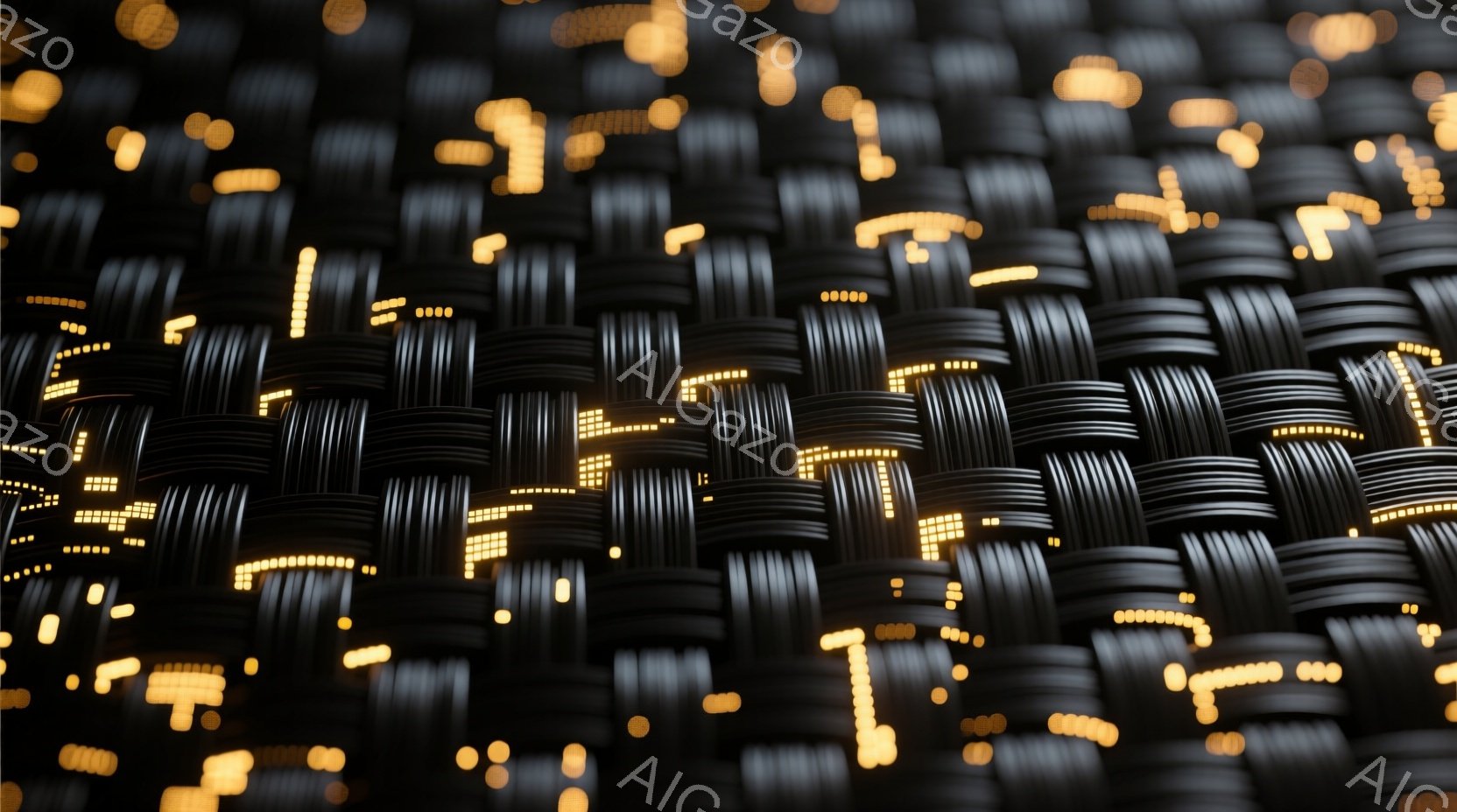 この画像は、規則的に並んだ光の帯で構成された抽象的なパターンを示しています。帯は暗い背景に浮かび上がり、まるで回路基板やデジタルな構造物を連想させます。光の強いコントラストと繰り返しにより、未来的でテクノロジー的な雰囲気が醸し出されています。