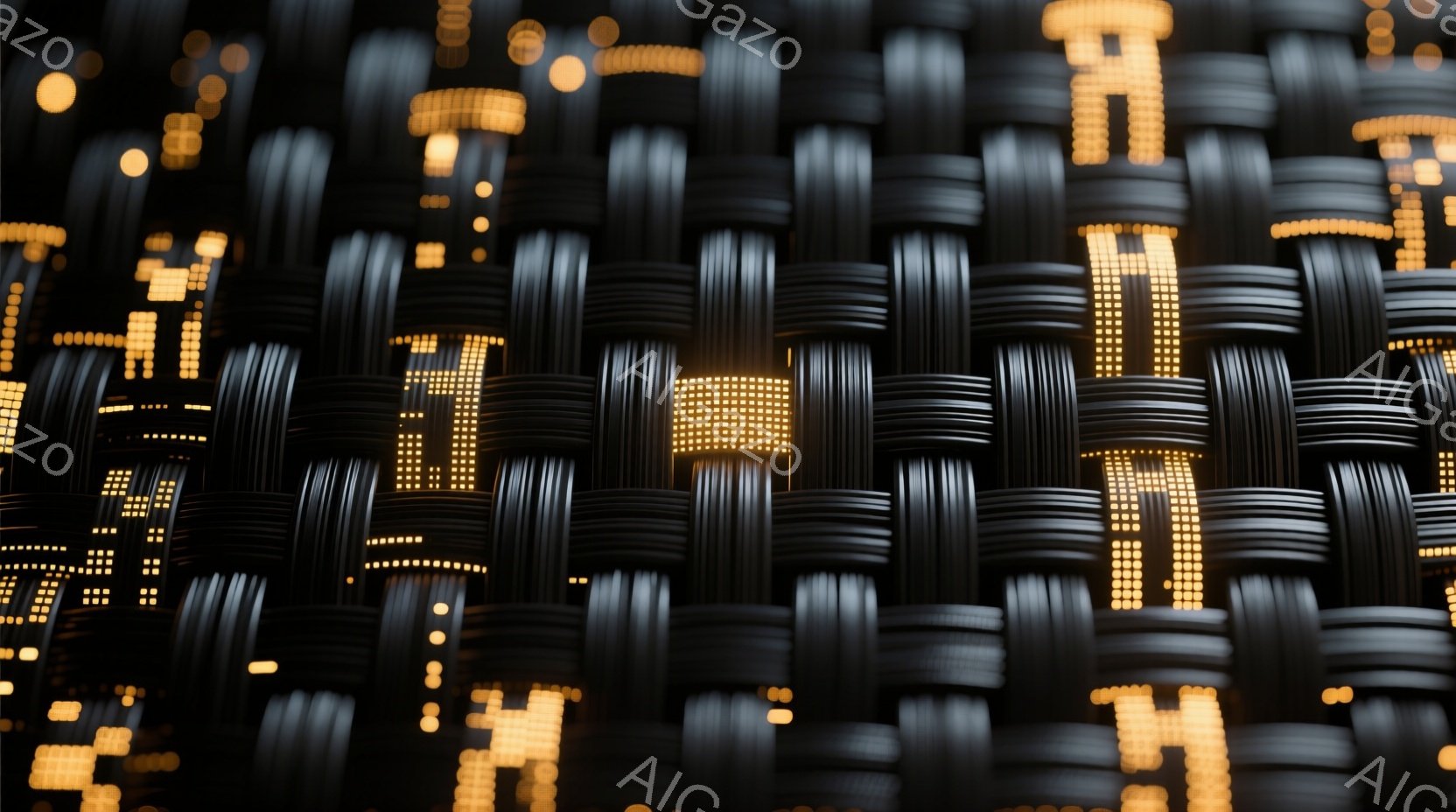 画像は、夜景を模した光の帯が規則的に並んだ抽象的な表現です。帯は黒い素材で縁取られており、光の帯が重なり合うことで奥行きが生まれています。全体的に幻想的で近未来的な雰囲気を醸し出しています。