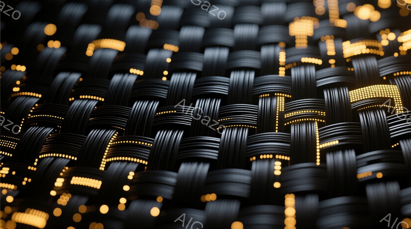 画像は黒い繊維が複雑に編み込まれたテクスチャのクローズアップで、まるで未来的な布地や装飾品のようである。各繊維には小さな金色の光点が散りばめられており、暗闇の中で幻想的な光の模様を作り出している。全体的に、洗練された現代的な雰囲気で、工業デザインやファッションの分野で活用できそうな印象を与える。