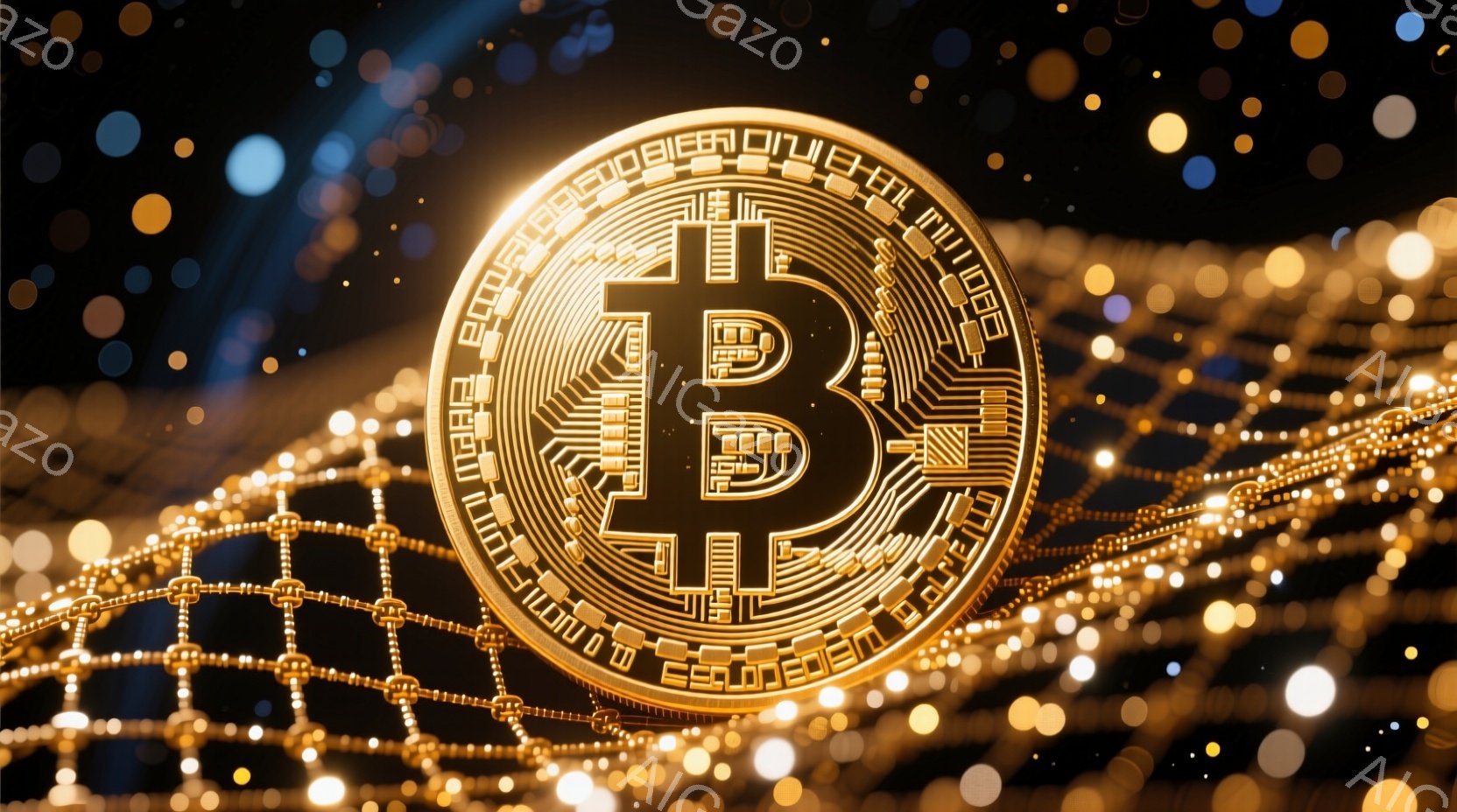 画像は、金色のビットコインのシンボルが、光る金色のネットワーク状の線によって強調されています。背景は暗く、ぼやけた光の点々が星空のような雰囲気を醸し出しており、ビットコインがデジタル空間に浮かび上がっ - AI生成フリー素材