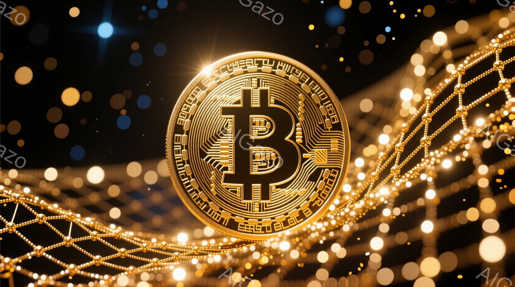 画像は暗い背景に、金色のビットコインのシンボルが中央に大きく配置されています。シンボルの周りには、金色の小さな球体と線がネットワーク状に広がっており、未来的なテクノロジーの印象を与えます。全体的に、ビットコインの価値とデジタルネットワークの繋がりを強調した、華やかで近未来的な雰囲気を醸し出しています。