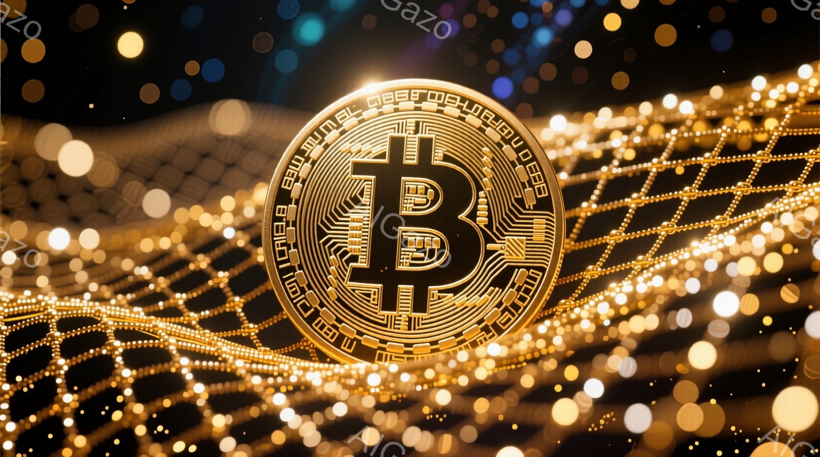 鮮やかなゴールドの光が背景を彩る中で、ビットコインのシンボルが中央に大きく浮かび上がっています。シンボルの周囲には、金色の小さな光の粒や、複雑な回路のような模様が広がっており、デジタル通貨の世界観を表現しています。全体的に、華やかで未来的な印象を与える画像です。