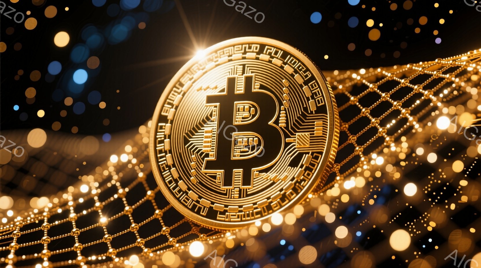 鮮やかな金色のビットコインが画像の中央に大きく配置され、複雑な回路のような模様が刻まれています。背景には、ぼやけた金色の光の粒子が散りばめられており、その上に金色の鎖のような模様が伸びています。全体的 - AI生成フリー素材