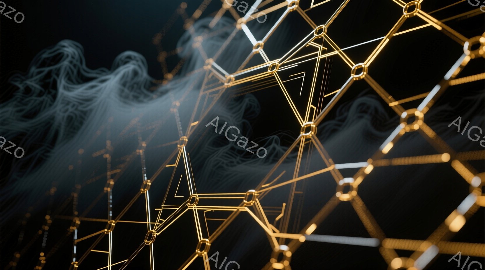 画像は、暗い背景に浮かぶ金色の幾何学模様のネットワークを示しています。線は光り輝き、各接続点は明るい金色で強調されています。左側には、ぼやけた白い線が煙のように広がっており、全体的に未来的な、抽象的な - AI生成フリー素材