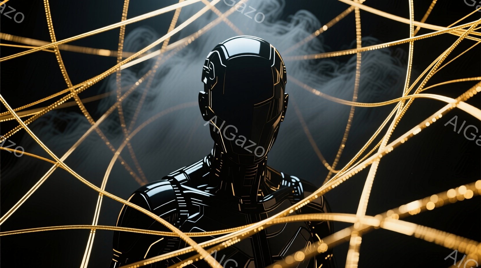 漆黒の装甲に身を包んだ人物が描かれている。ヘルメットで顔は隠されており、装甲は未来的なデザインで、細部にわたり複雑なラインが刻まれている。背景には、金色の光の線が蜘蛛の巣のように張り巡らされ、霧のような光が漂い、神秘的で緊張感のある雰囲気を醸し出している。