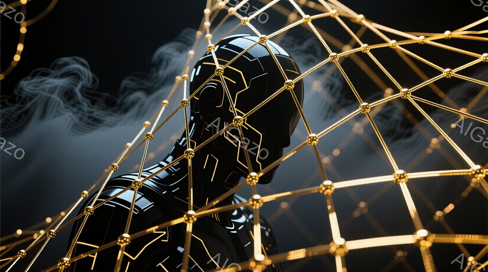 黒い全身タイツのような服を着た人物が、金色の幾何学的な網目模様の前に立っている。人物は後ろを向けており、顔の表情は見えないが、姿勢はやや緊張しているように見える。背景は暗く、金色の網目模様とぼやけた白い線が幻想的な雰囲気を醸し出している。