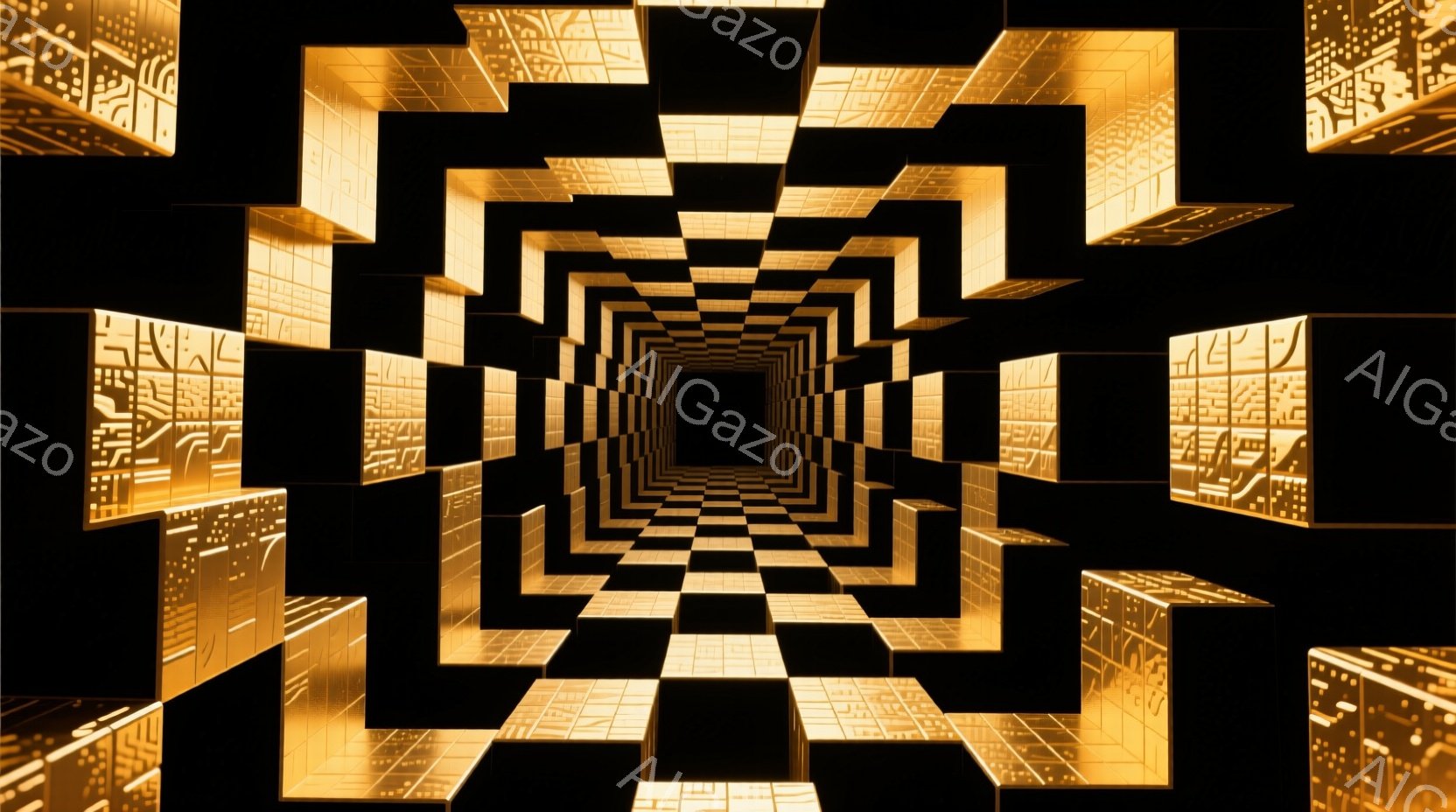 無限に続くかのような金色の立方体で構成されたトンネルが描かれています。各立方体には複雑な回路のような模様が刻まれ、光が反射して未来的な雰囲気を醸し出しています。暗闇の中に光るこの構造は、無限の可能性や深淵を連想させます。
