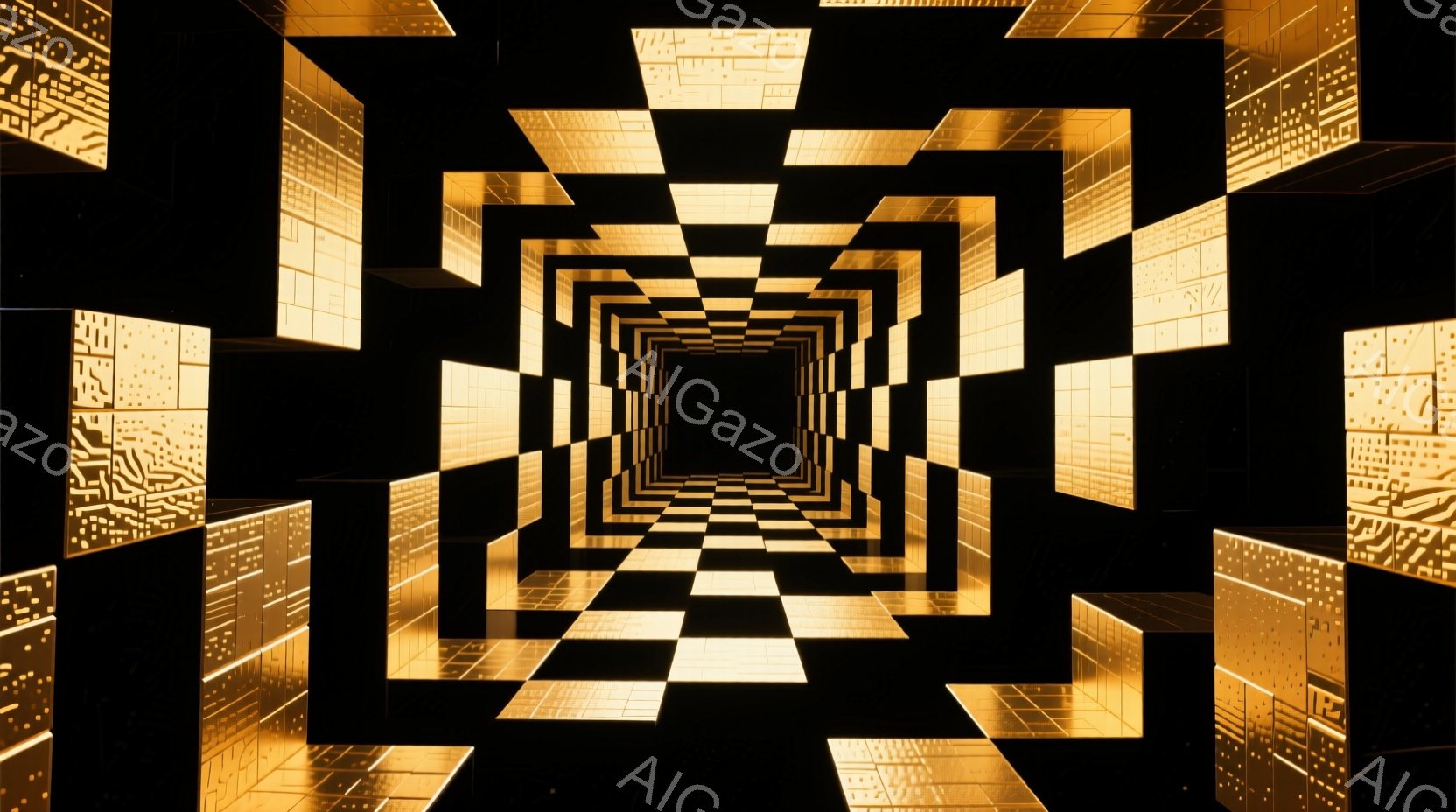 無数の金色の立方体が鏡のように配置され、無限に続くトンネルのような空間が描かれている。各立方体は光を反射し、まるで万華鏡のような幻想的な光景を作り出している。この空間は奥行きが深く、見る者を吸い込むような神秘的な雰囲気を醸し出している。