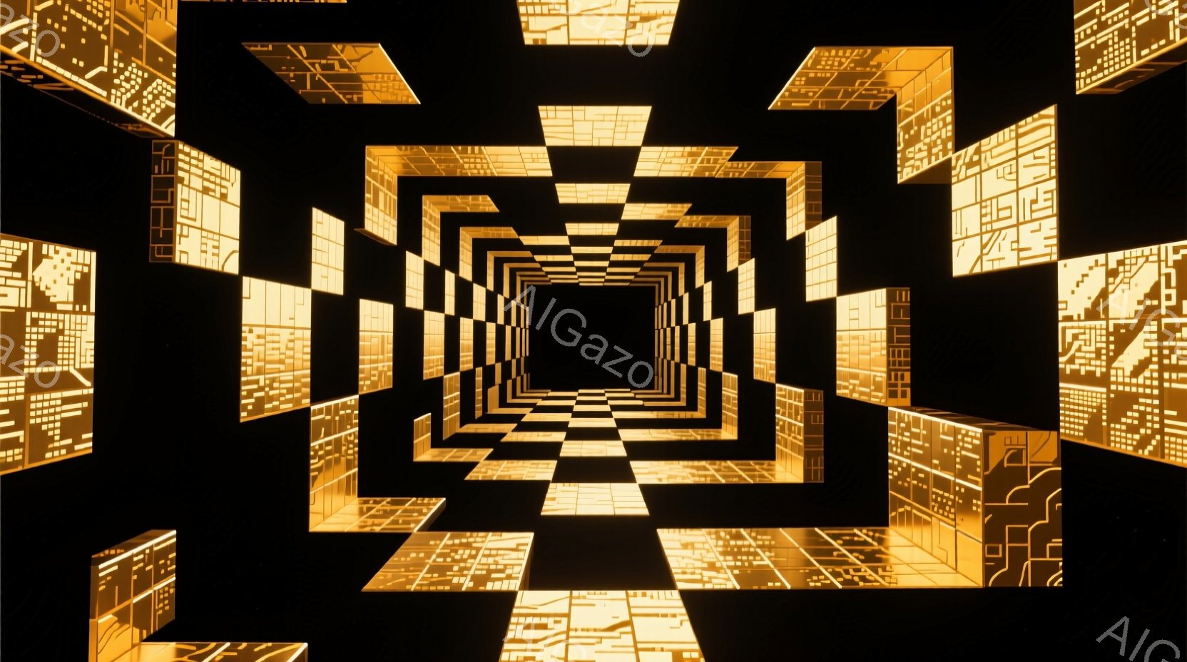 この画像は、光るキューブが無限に続くトンネルのような空間を描いています。キューブは複雑なパターンで装飾され、奥行きを感じさせます。全体的に未来的な雰囲気で、どこまでも続く迷路のような印象を与えます。