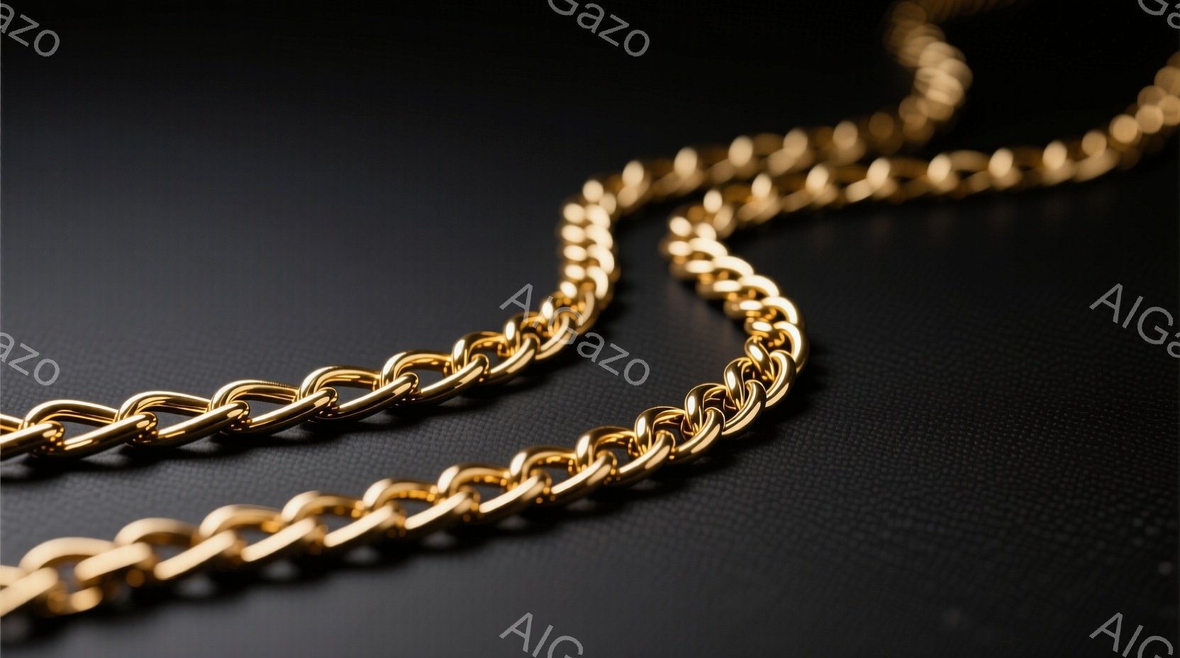 鮮やかな金色のチェーンが、暗い黒い背景に印象的に映えています。チェーンは複雑に絡み合い、光沢があり、高級感と重厚感を漂わせています。背景のテクスチャはわずかに粗く、チェーンの輝きをさらに際立たせています。