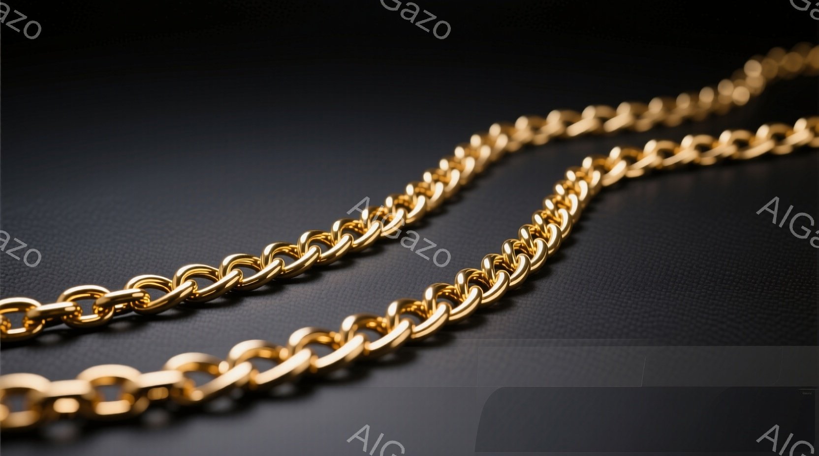 鮮やかな金色のチェーンが、黒色のテクスチャード背景の上を流れるように配置されています。チェーンは細く、光沢があり、精密な職人技が感じられます。背景はシンプルで、チェーンの輝きを強調しています。 - AI生成フリー素材