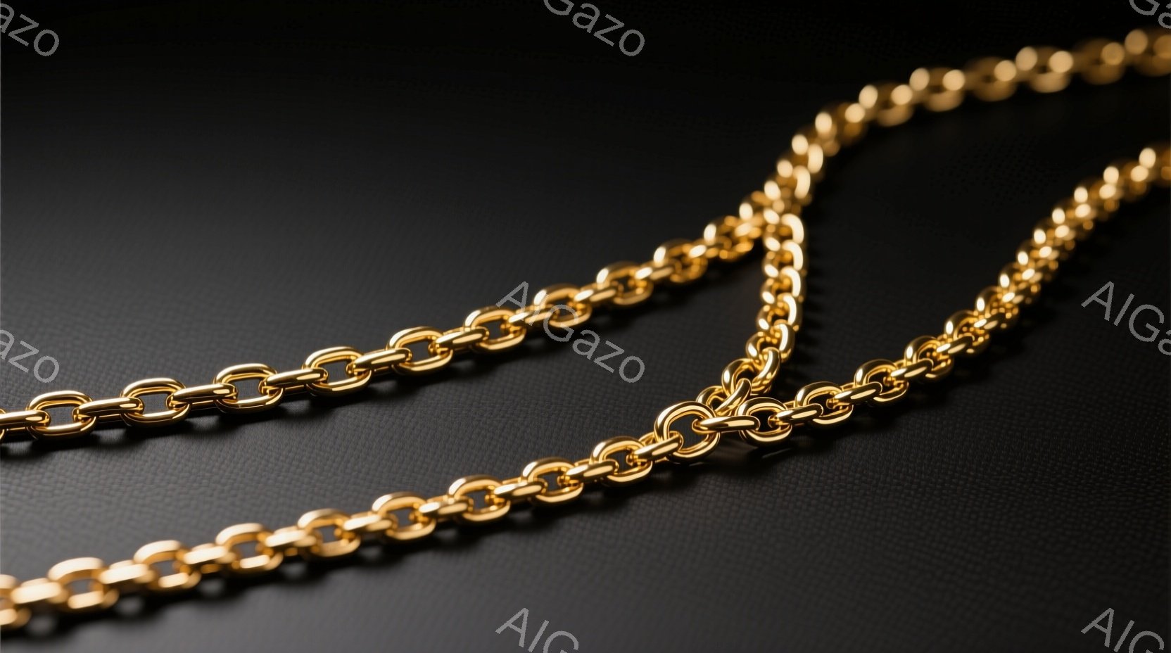 画像には、光沢のある金色のチェーンが2本、暗い背景に絡み合って写っています。チェーンは細かく、均一なリンクで構成されており、光沢があり、高級感があります。背景は暗く、チェーンの金色が際立っており、フォ - AI生成フリー素材