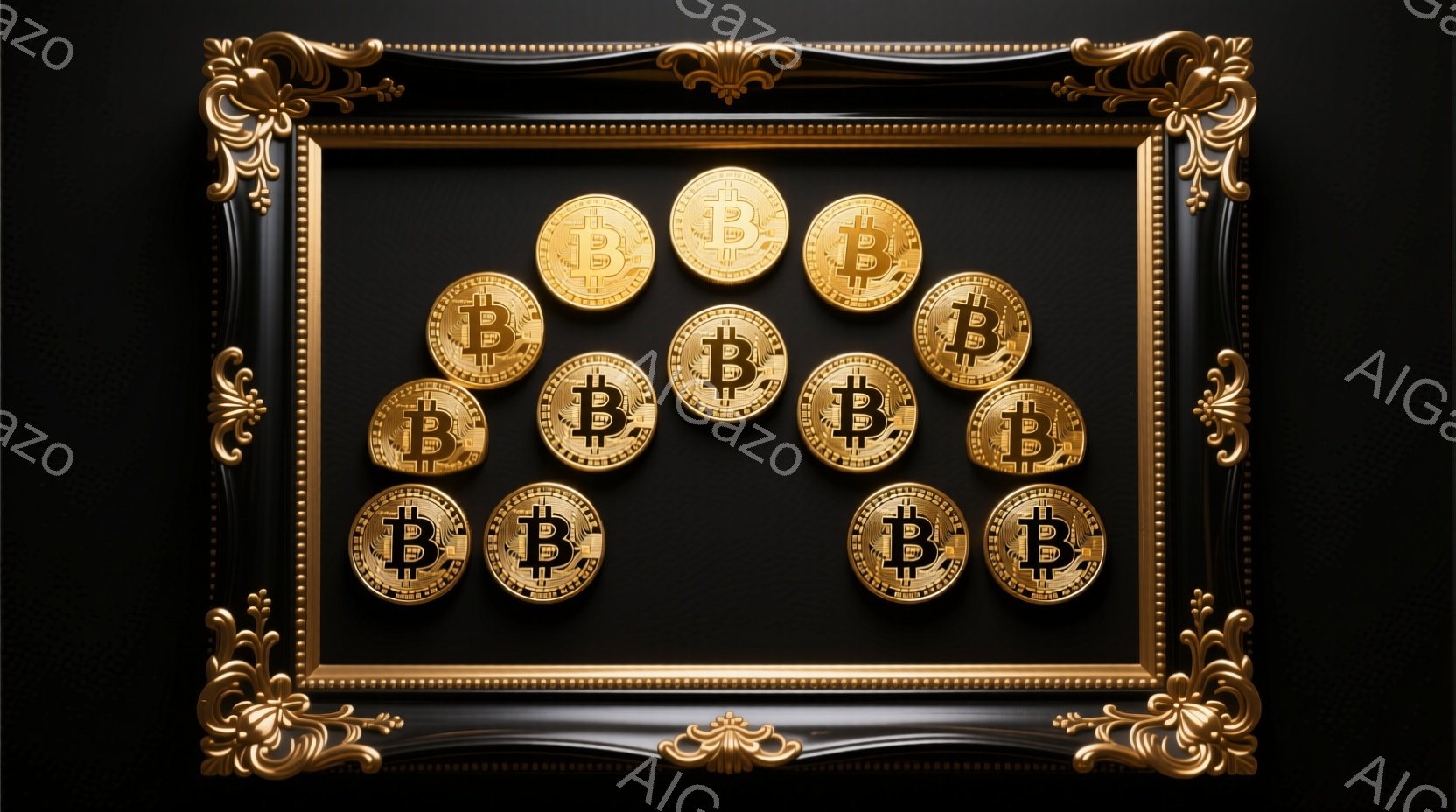 豪華な金色の額縁の中に、ビットコインのロゴが刻まれた金色のコインが11枚配置されています。背景は黒で、コインの金色が際立っています。全体として、富、価値、デジタル通貨の概念を象徴する、洗練された雰囲気です。
