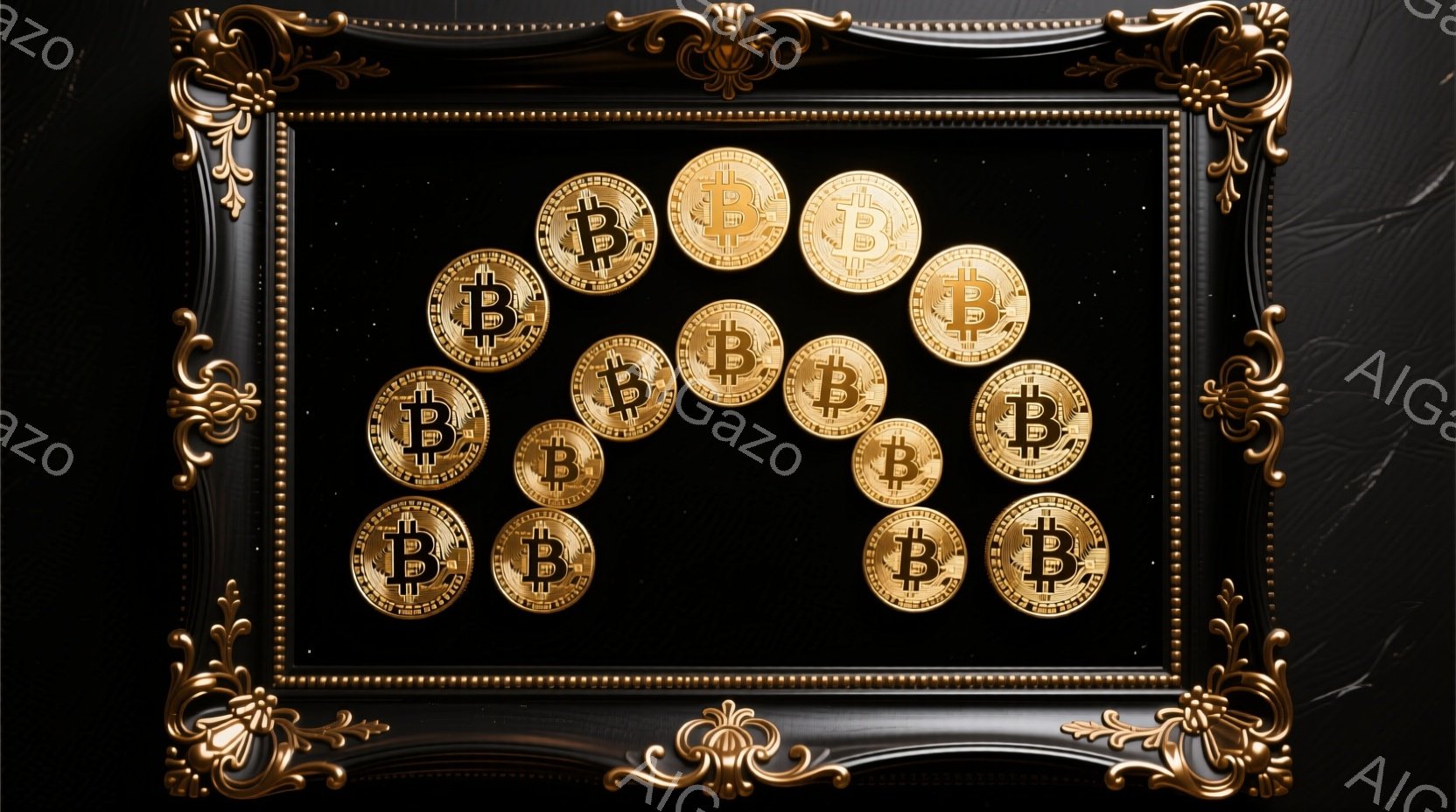 画像は豪華な金色のフレームの中に、ビットコインのシンボルが散りばめられています。背景は暗く、まるで夜空のような、微かな星のような光が見えます。全体的に富とデジタル通貨の輝きを強調した、高貴で洗練された雰囲気です。