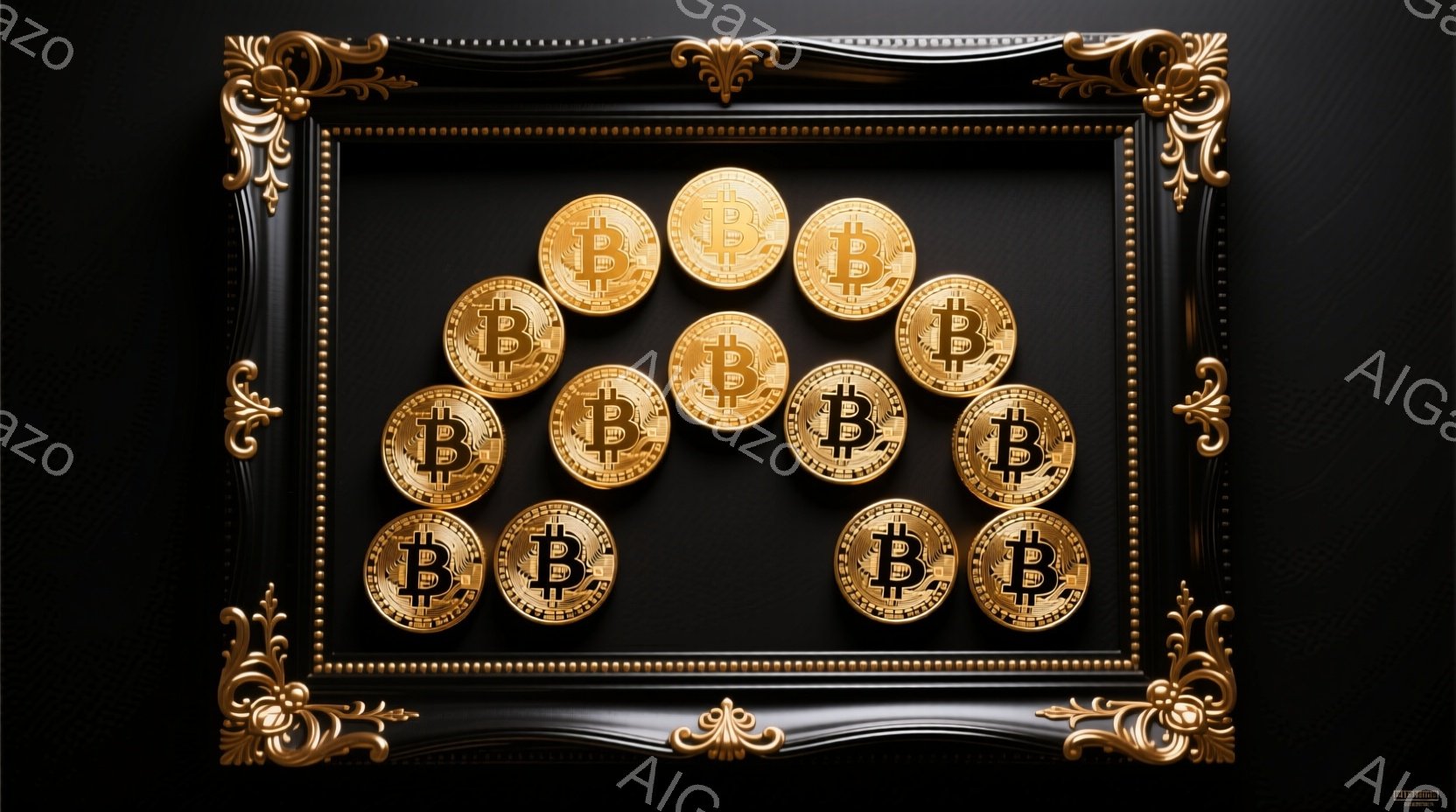 豪華なフレームの中に、ビットコインのコインが多数配置されています。コインは金色の光沢があり、中央に「B」のロゴが刻まれています。背景は黒色で、コインの金色の輝きが際立っています。