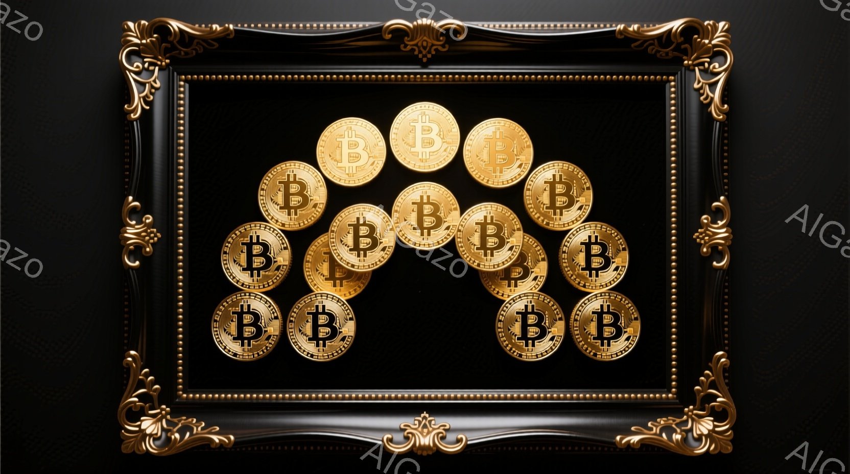 画像は、豪華な金色のフレームの中に、ビットコインのロゴが散りばめられた様子を捉えています。ロゴは丸い金色のメダルに刻印されており、黒い背景に鮮やかに映えます。全体的に、富とデジタル通貨の象徴的な雰囲気が漂っています。
